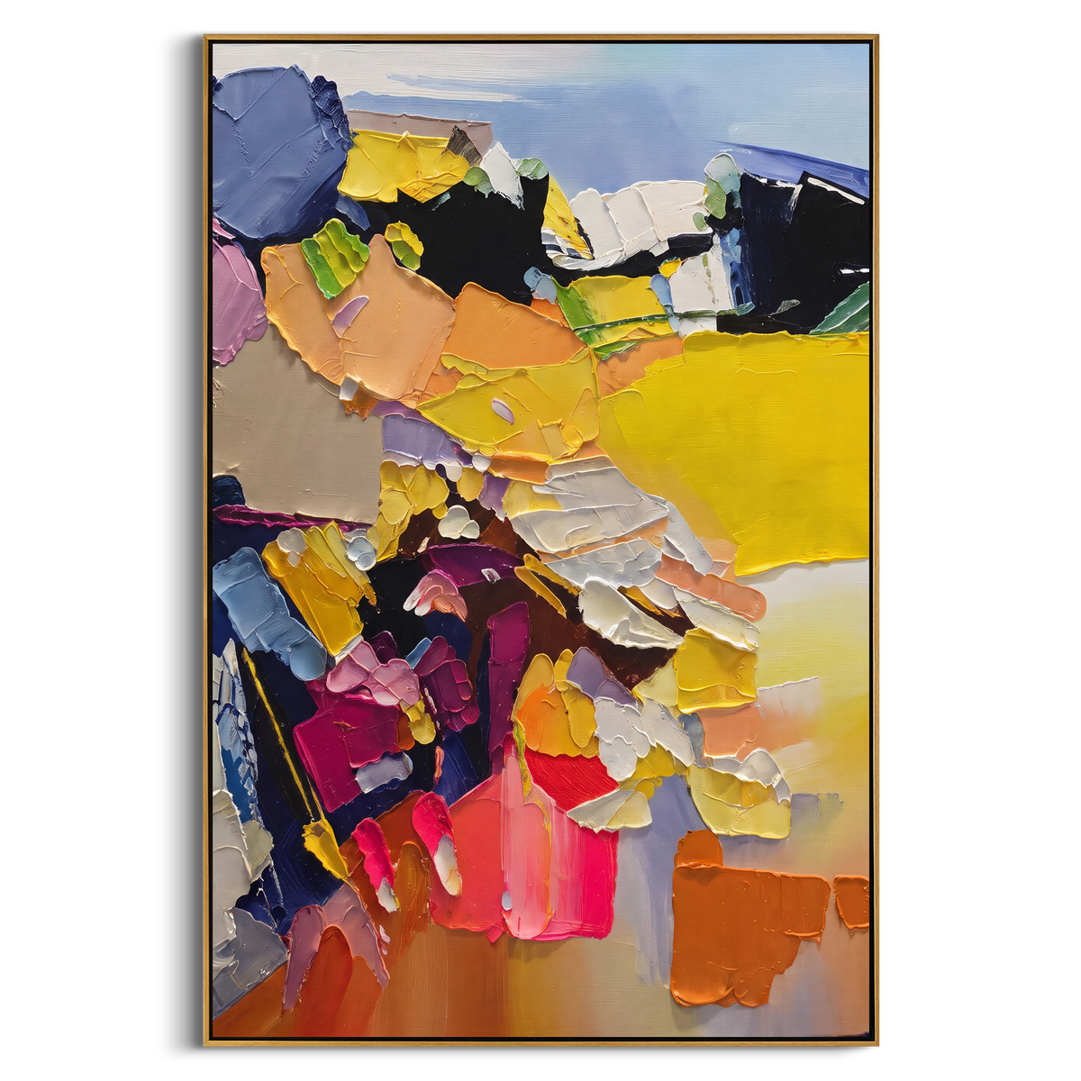 "Bold Yellow Bohemian Impasto Painting" - Modern Heavy Impasto Abstract Artwork | Yellow & Blue Palette Knife Painting | Luxury Vertical Wall Art #PT 1373