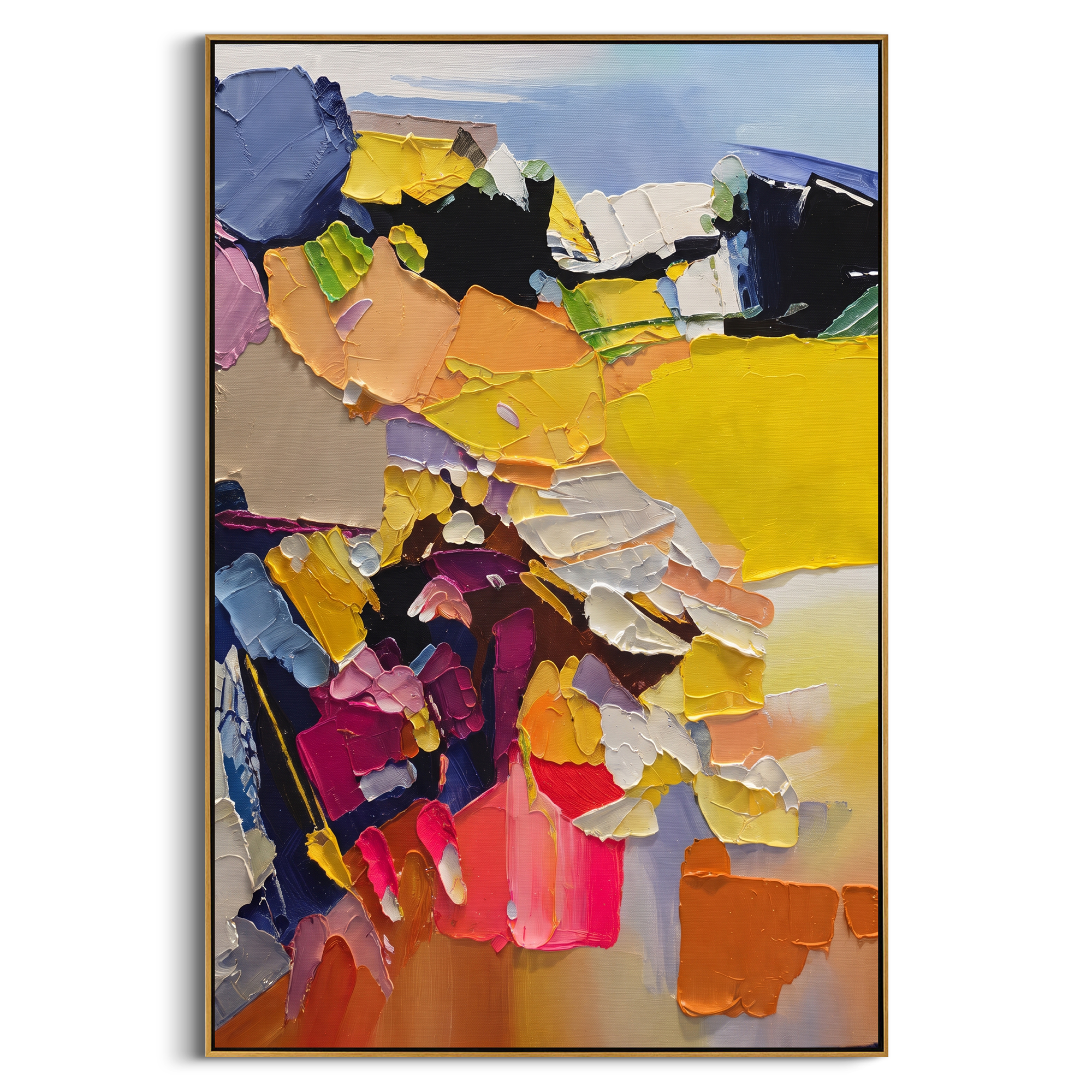 "Bold Yellow Bohemian Impasto Painting" focuses on atmosphere, surface movement, and sculptural heavy impasto craftsmanship rather than a fixed literal storyline. The composition uses this hand-painted vertical canvas presents a bold bohemian impasto abstract with heavy yellow blocks, lavender and blue strokes, black contrast, pink and orange accents, and sculptural palette-knife layers as the visual anchor, while layered palette-knife paint, raised plaster-like texture, and softened brush