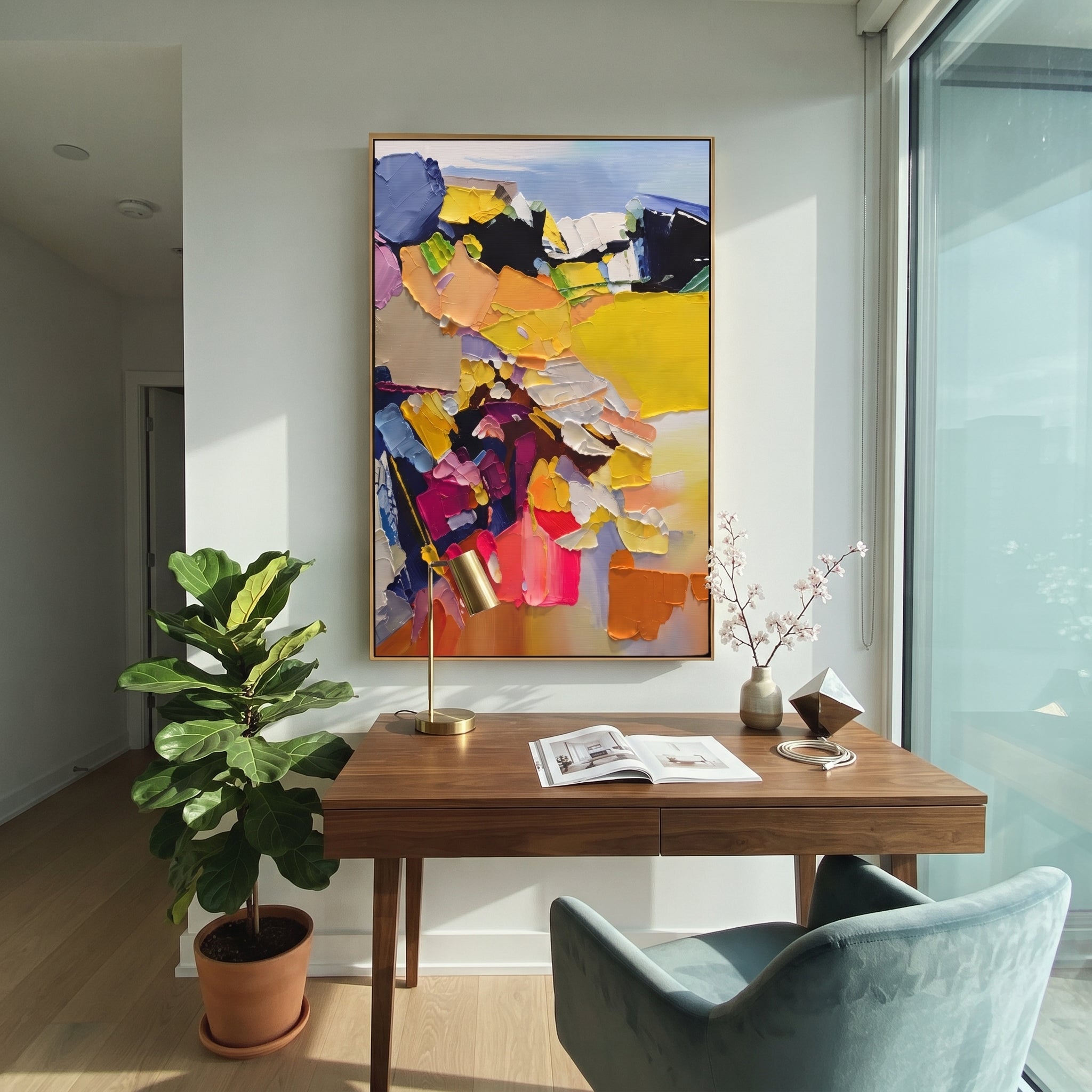 "Bold Yellow Bohemian Impasto Painting" focuses on atmosphere, surface movement, and sculptural heavy impasto craftsmanship rather than a fixed literal storyline. The composition uses this hand-painted vertical canvas presents a bold bohemian impasto abstract with heavy yellow blocks, lavender and blue strokes, black contrast, pink and orange accents, and sculptural palette-knife layers as the visual anchor, while layered palette-knife paint, raised plaster-like texture, and softened brush