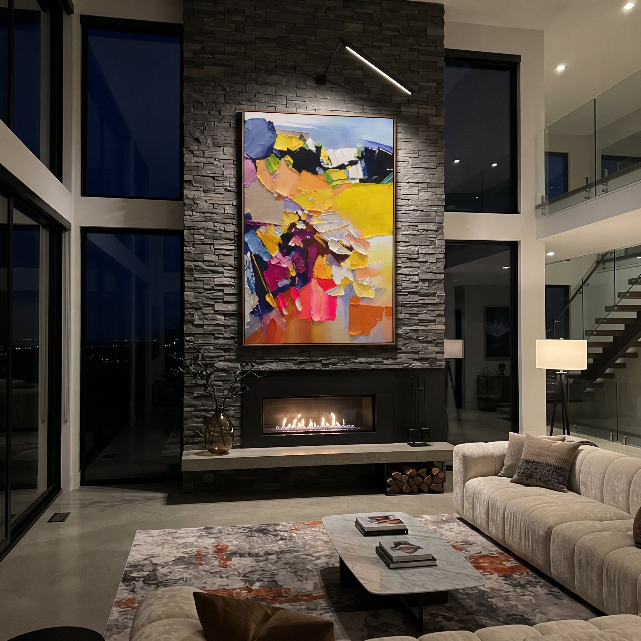 "Bold Yellow Bohemian Impasto Painting" focuses on atmosphere, surface movement, and sculptural heavy impasto craftsmanship rather than a fixed literal storyline. The composition uses this hand-painted vertical canvas presents a bold bohemian impasto abstract with heavy yellow blocks, lavender and blue strokes, black contrast, pink and orange accents, and sculptural palette-knife layers as the visual anchor, while layered palette-knife paint, raised plaster-like texture, and softened brush