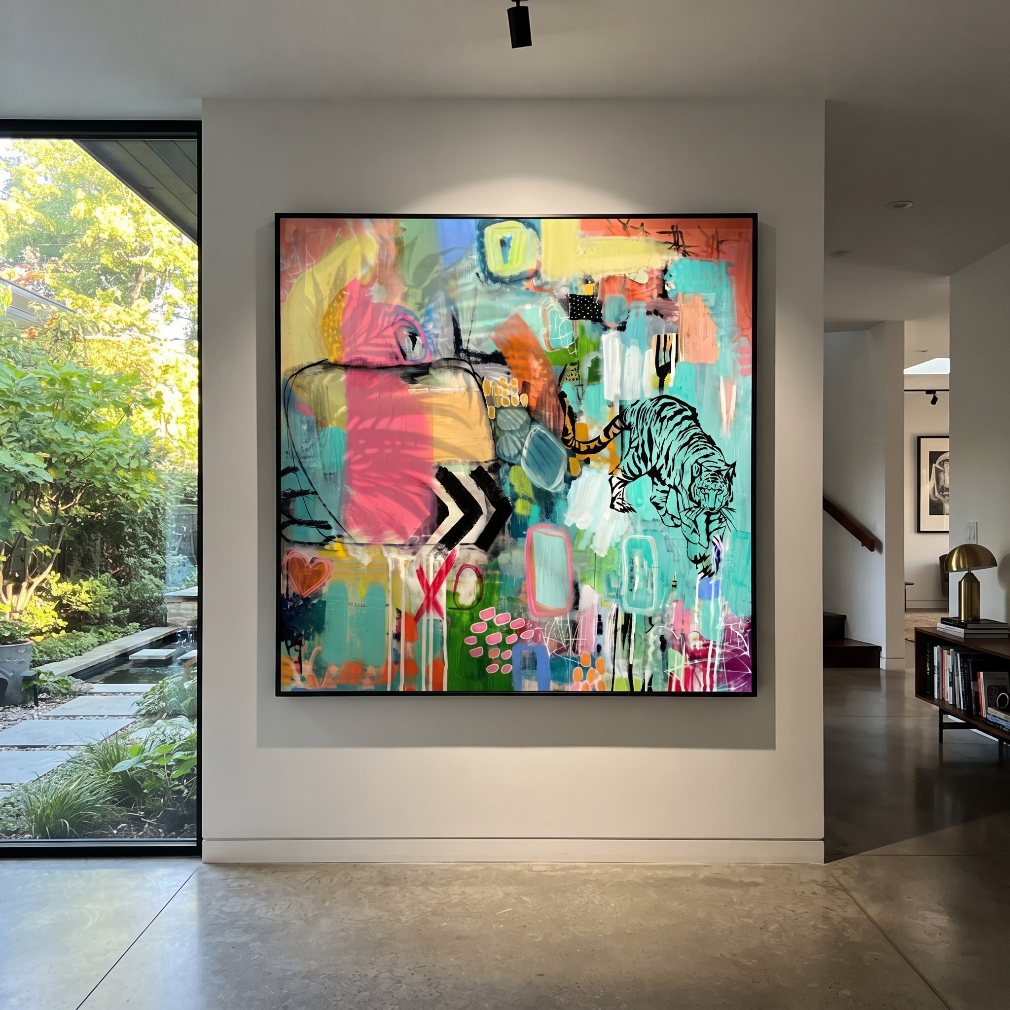 "Bohemian Tiger Pop Abstract Painting" focuses on atmosphere, surface movement, and sculptural heavy impasto craftsmanship rather than a fixed literal storyline. The composition uses this hand-painted square canvas presents a vivid bohemian pop abstract with a black tiger line drawing, turquoise ground, hot pink blocks, lime and yellow passages, graphic marks, and layered urban texture as the visual anchor, while layered palette-knife paint, raised plaster-like texture, and softened brush