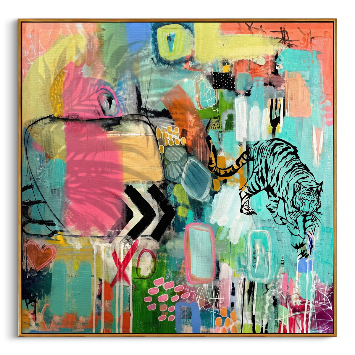 "Bohemian Tiger Pop Abstract Painting" - Modern Heavy Impasto Western Animal Artwork | Blue & Pink Palette Knife Painting | Luxury Square Wall Art #PT 1374