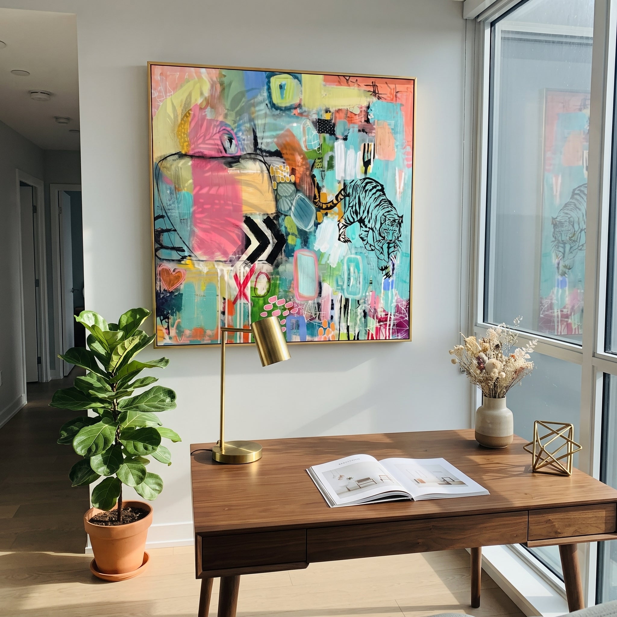 "Bohemian Tiger Pop Abstract Painting" focuses on atmosphere, surface movement, and sculptural heavy impasto craftsmanship rather than a fixed literal storyline. The composition uses this hand-painted square canvas presents a vivid bohemian pop abstract with a black tiger line drawing, turquoise ground, hot pink blocks, lime and yellow passages, graphic marks, and layered urban texture as the visual anchor, while layered palette-knife paint, raised plaster-like texture, and softened brush