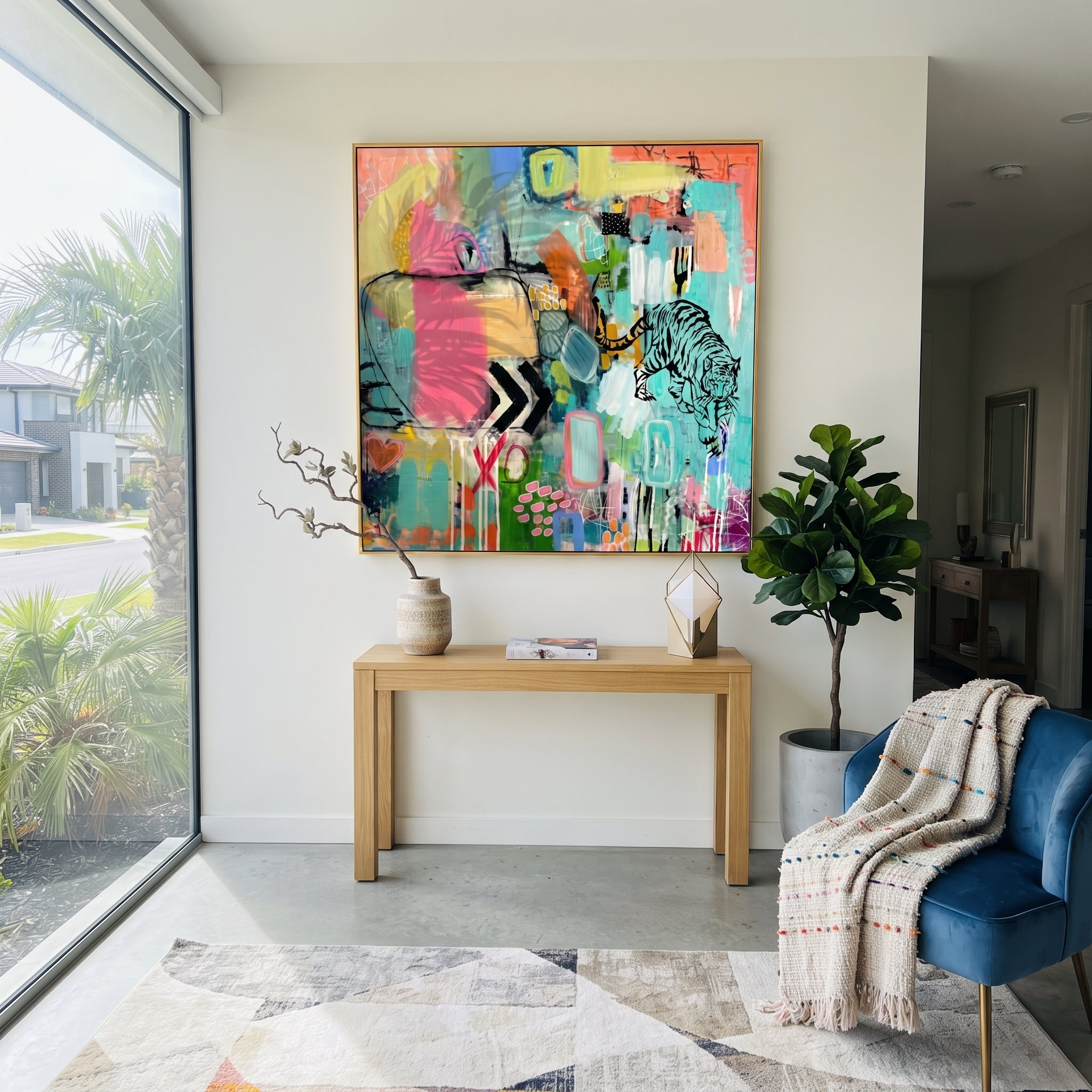"Bohemian Tiger Pop Abstract Painting" focuses on atmosphere, surface movement, and sculptural heavy impasto craftsmanship rather than a fixed literal storyline. The composition uses this hand-painted square canvas presents a vivid bohemian pop abstract with a black tiger line drawing, turquoise ground, hot pink blocks, lime and yellow passages, graphic marks, and layered urban texture as the visual anchor, while layered palette-knife paint, raised plaster-like texture, and softened brush