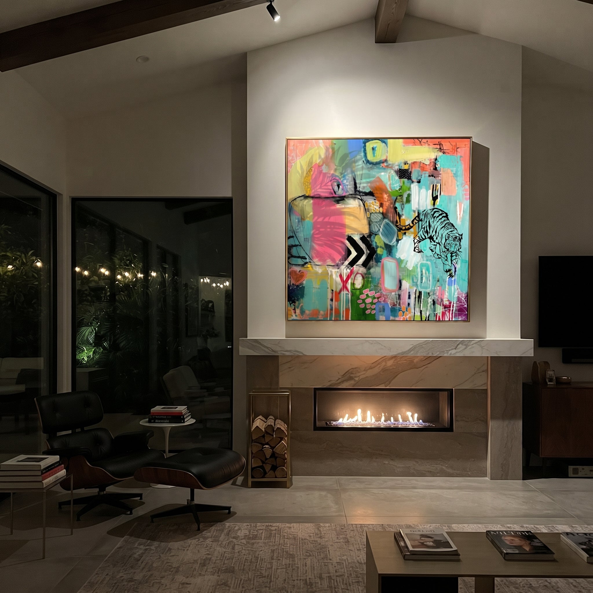 "Bohemian Tiger Pop Abstract Painting" focuses on atmosphere, surface movement, and sculptural heavy impasto craftsmanship rather than a fixed literal storyline. The composition uses this hand-painted square canvas presents a vivid bohemian pop abstract with a black tiger line drawing, turquoise ground, hot pink blocks, lime and yellow passages, graphic marks, and layered urban texture as the visual anchor, while layered palette-knife paint, raised plaster-like texture, and softened brush
