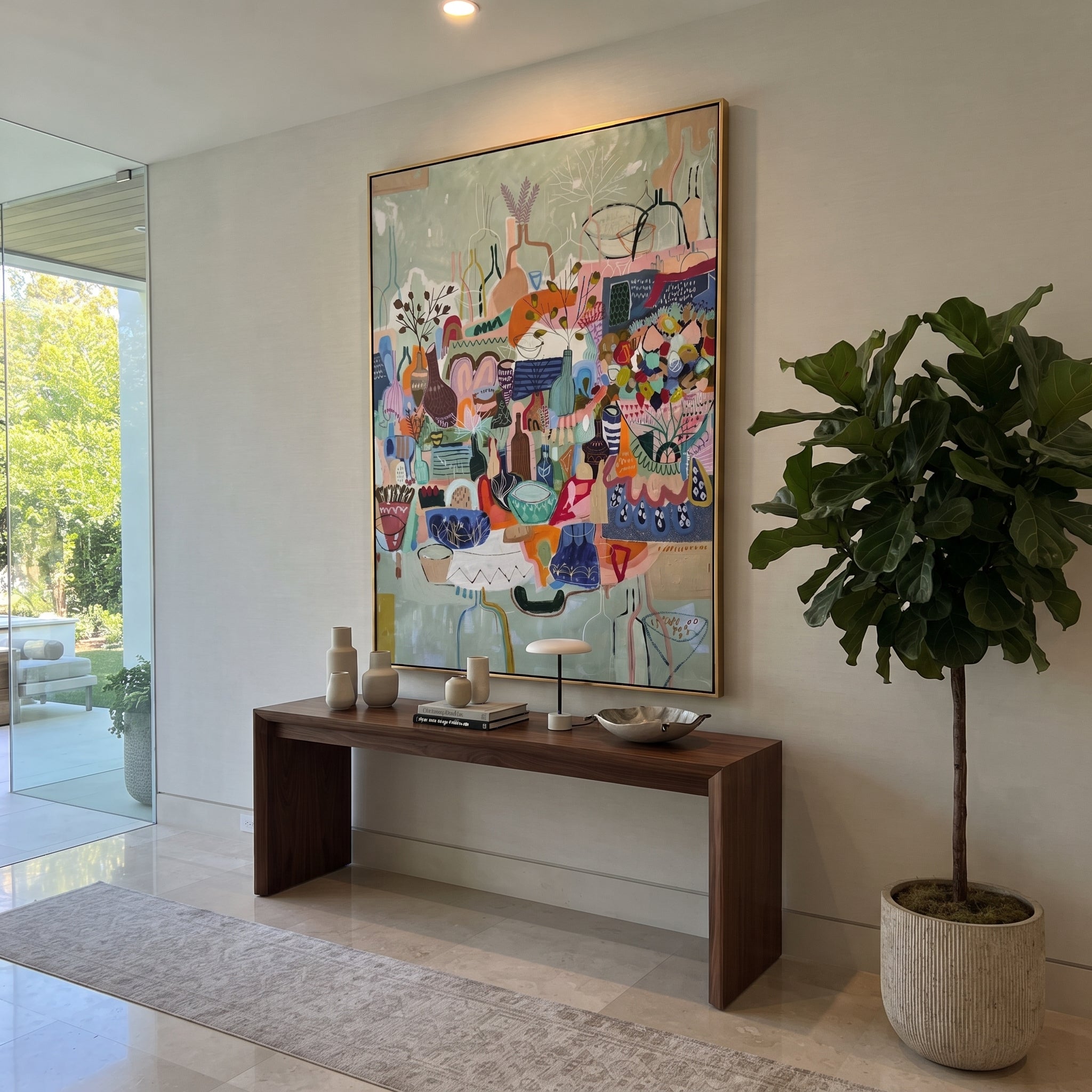 "Bohemian Vase Market Painting" focuses on atmosphere, surface movement, and sculptural heavy impasto craftsmanship rather than a fixed literal storyline. The composition uses this hand-painted vertical canvas presents a colorful bohemian still-life market scene with layered vases, bowls, patterned vessels, botanical stems, blue background, coral accents, and decorative handmade texture as the visual anchor, while layered palette-knife paint, raised plaster-like texture, and softened brush