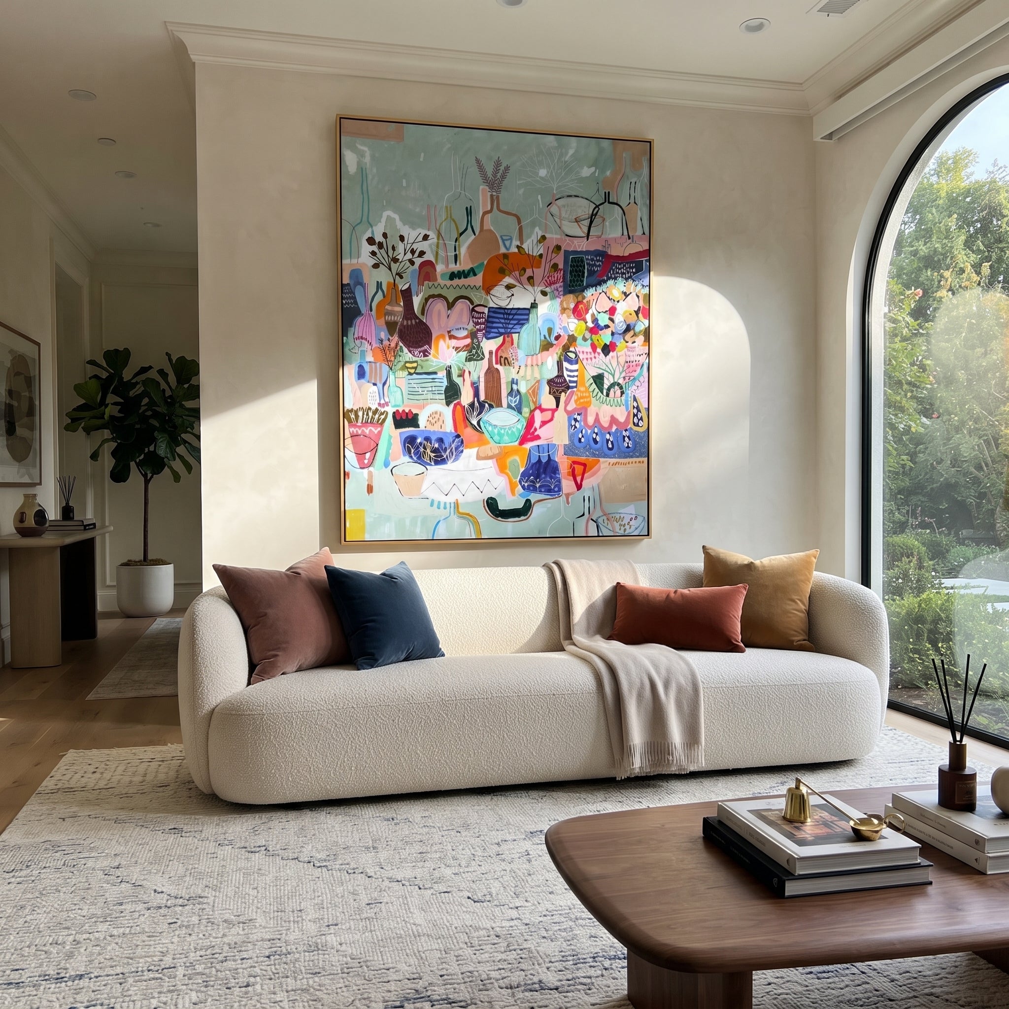 "Bohemian Vase Market Painting" focuses on atmosphere, surface movement, and sculptural heavy impasto craftsmanship rather than a fixed literal storyline. The composition uses this hand-painted vertical canvas presents a colorful bohemian still-life market scene with layered vases, bowls, patterned vessels, botanical stems, blue background, coral accents, and decorative handmade texture as the visual anchor, while layered palette-knife paint, raised plaster-like texture, and softened brush