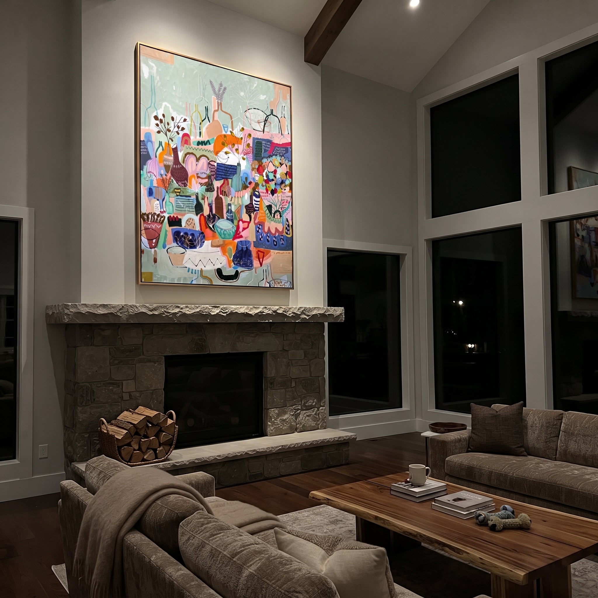 "Bohemian Vase Market Painting" focuses on atmosphere, surface movement, and sculptural heavy impasto craftsmanship rather than a fixed literal storyline. The composition uses this hand-painted vertical canvas presents a colorful bohemian still-life market scene with layered vases, bowls, patterned vessels, botanical stems, blue background, coral accents, and decorative handmade texture as the visual anchor, while layered palette-knife paint, raised plaster-like texture, and softened brush