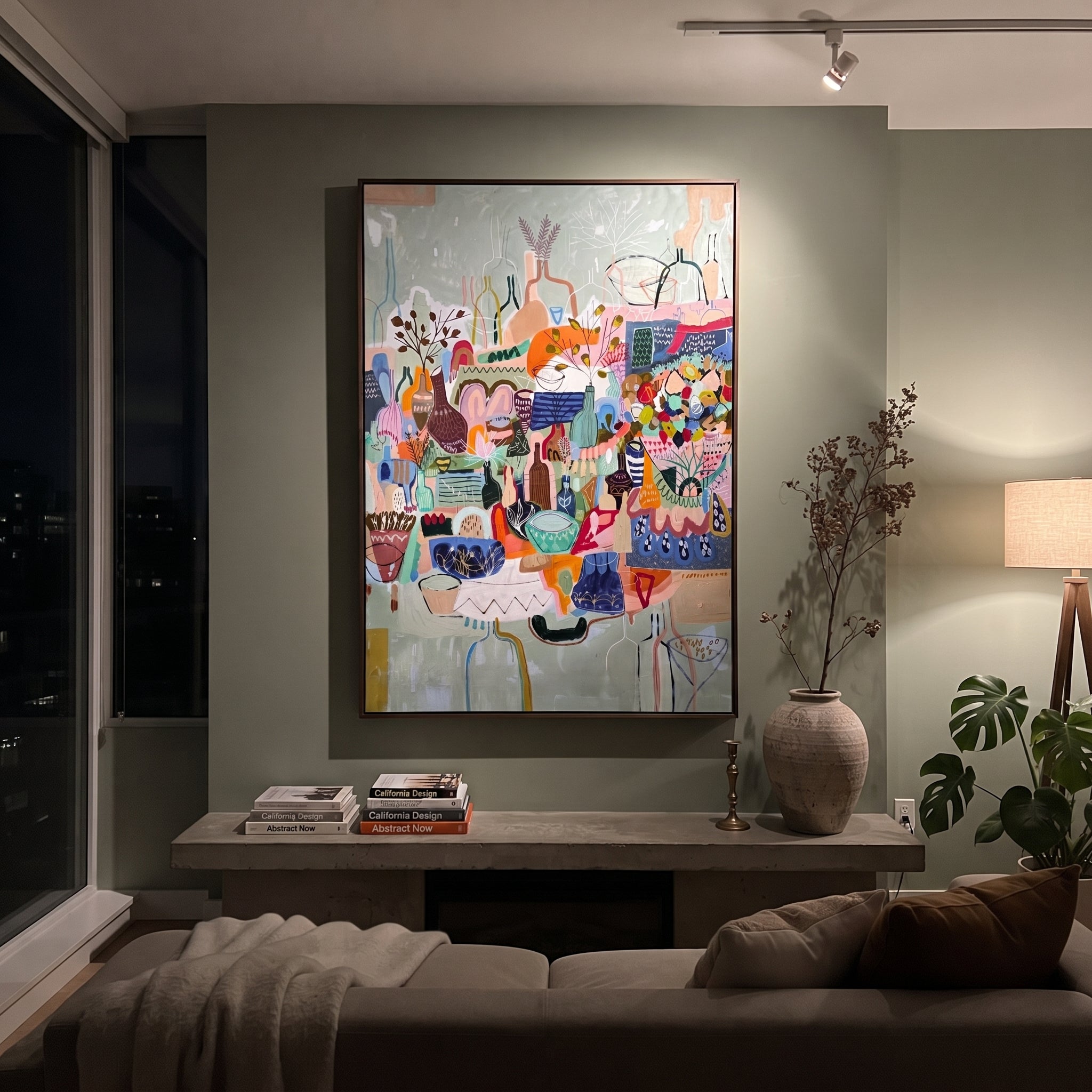 "Bohemian Vase Market Painting" focuses on atmosphere, surface movement, and sculptural heavy impasto craftsmanship rather than a fixed literal storyline. The composition uses this hand-painted vertical canvas presents a colorful bohemian still-life market scene with layered vases, bowls, patterned vessels, botanical stems, blue background, coral accents, and decorative handmade texture as the visual anchor, while layered palette-knife paint, raised plaster-like texture, and softened brush