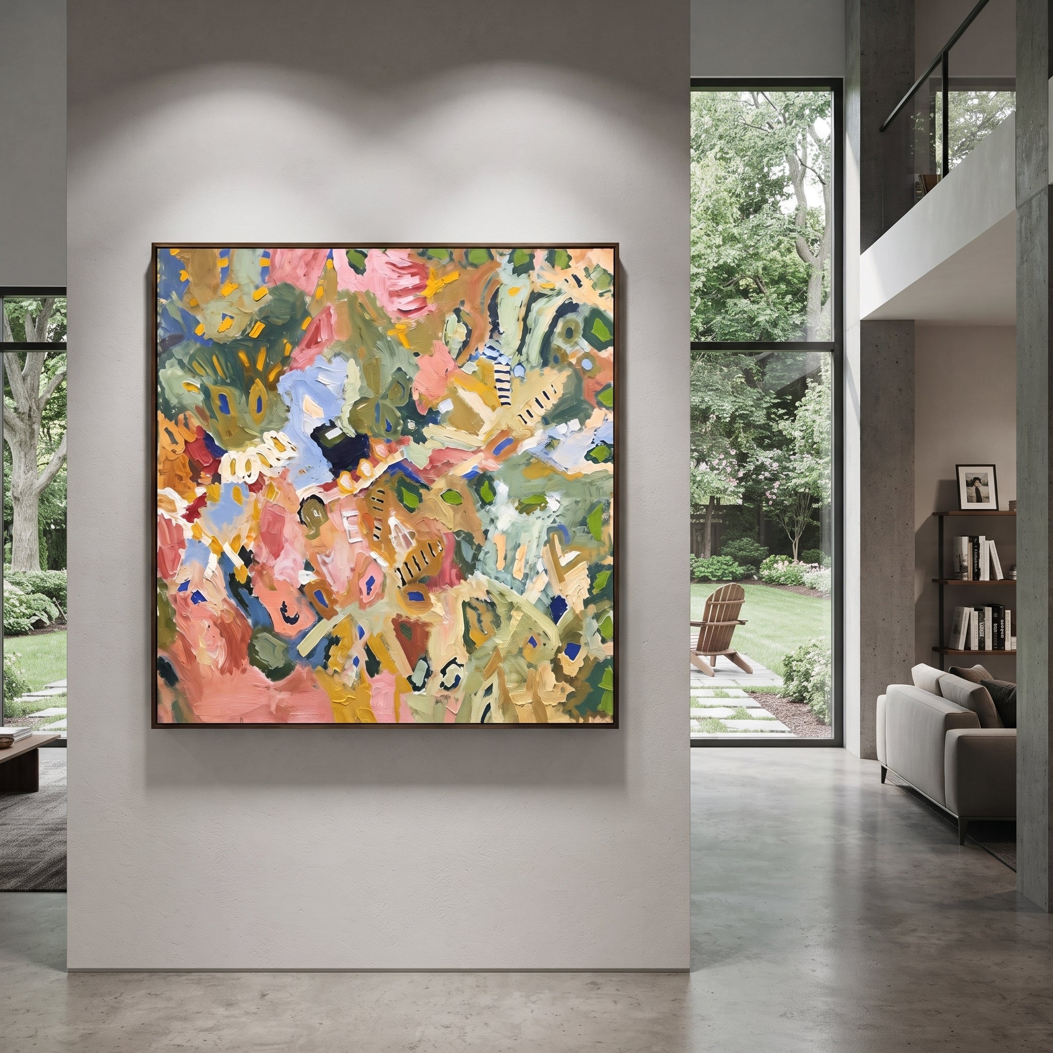 "Bohemian Leaf Pattern Painting" focuses on atmosphere, surface movement, and sculptural heavy impasto craftsmanship rather than a fixed literal storyline. The composition uses this hand-painted square canvas presents a dense bohemian leaf-pattern abstract with olive green foliage shapes, dusty pink and terracotta patches, soft blue marks, mustard accents, cream strokes, and thick impasto surface as the visual anchor, while layered palette-knife paint, raised plaster-like texture, and softened