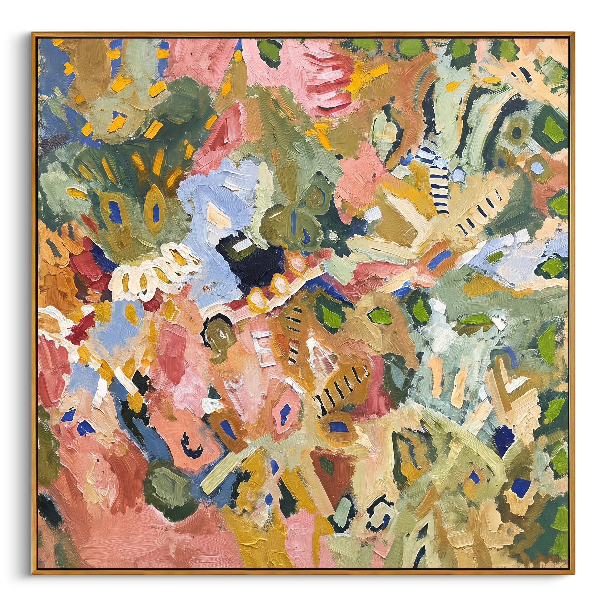 "Bohemian Leaf Pattern Painting" focuses on atmosphere, surface movement, and sculptural heavy impasto craftsmanship rather than a fixed literal storyline. The composition uses this hand-painted square canvas presents a dense bohemian leaf-pattern abstract with olive green foliage shapes, dusty pink and terracotta patches, soft blue marks, mustard accents, cream strokes, and thick impasto surface as the visual anchor, while layered palette-knife paint, raised plaster-like texture, and softened