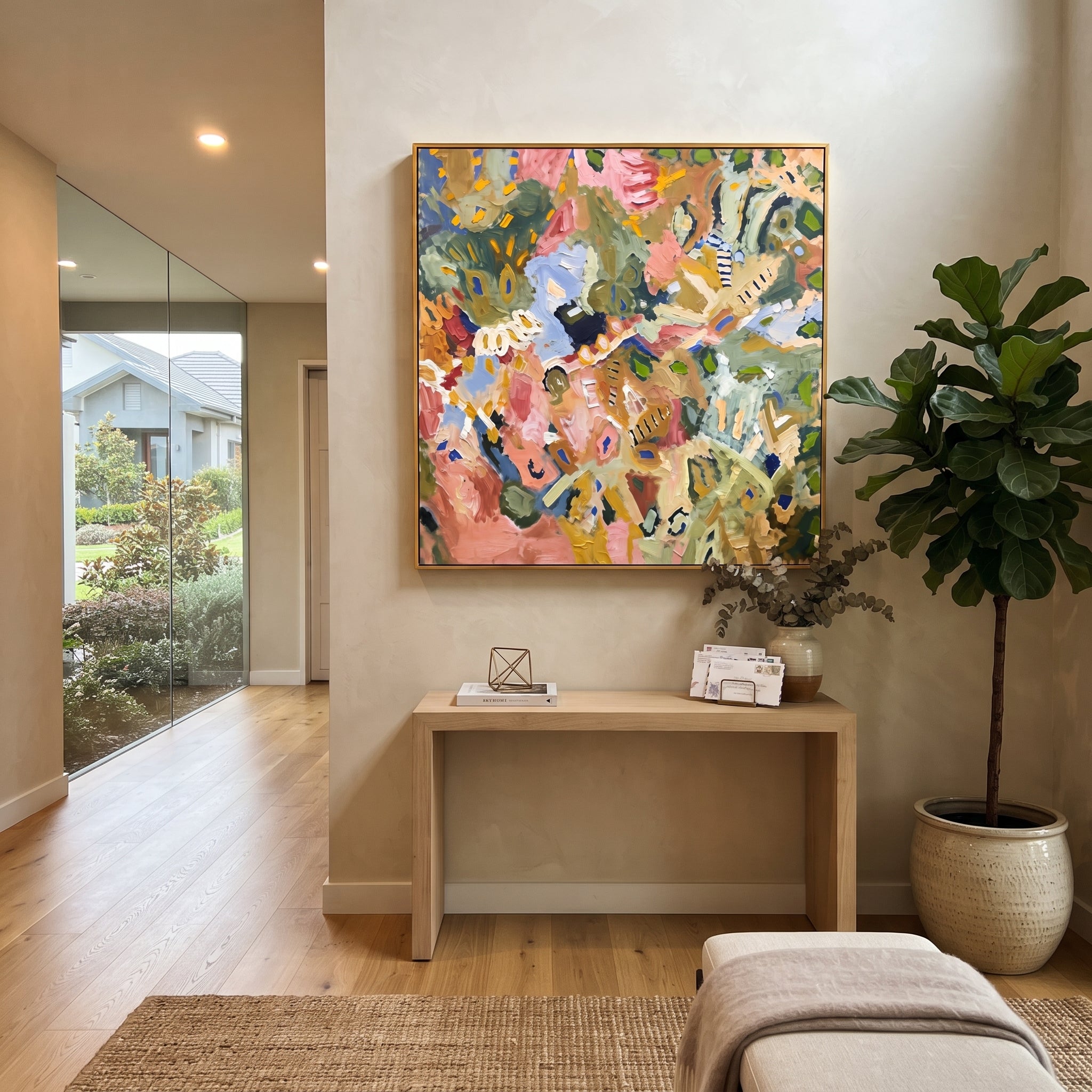 "Bohemian Leaf Pattern Painting" focuses on atmosphere, surface movement, and sculptural heavy impasto craftsmanship rather than a fixed literal storyline. The composition uses this hand-painted square canvas presents a dense bohemian leaf-pattern abstract with olive green foliage shapes, dusty pink and terracotta patches, soft blue marks, mustard accents, cream strokes, and thick impasto surface as the visual anchor, while layered palette-knife paint, raised plaster-like texture, and softened
