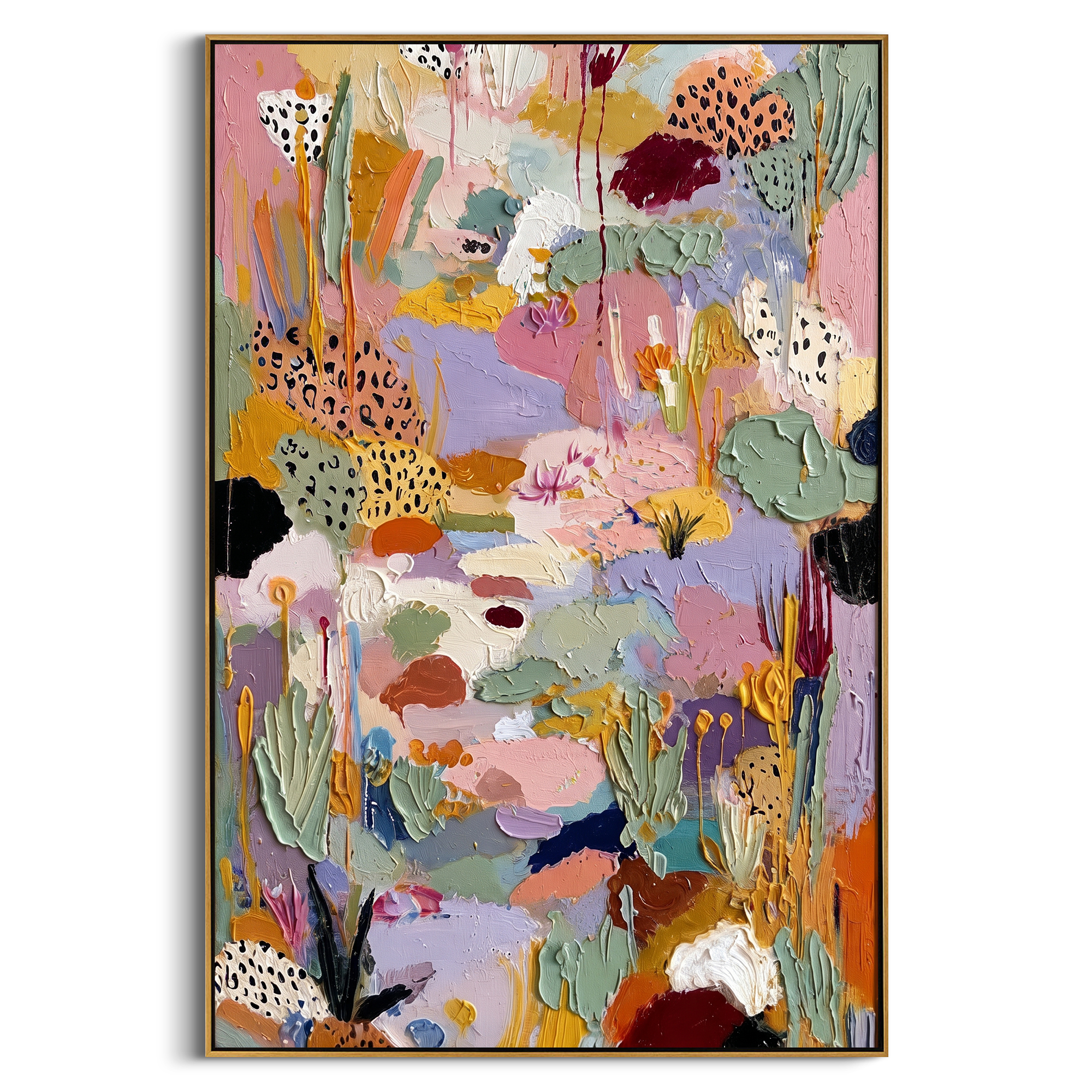 "Lavender Bohemian Garden Painting" focuses on atmosphere, surface movement, and sculptural heavy impasto craftsmanship rather than a fixed literal storyline. The composition uses this hand-painted vertical canvas presents a lavender and pink bohemian garden abstract with sage green leaves, spotted petal forms, ochre stems, cream passages, and thick raised impasto texture as the visual anchor, while layered palette-knife paint, raised plaster-like texture, and softened brush movement create