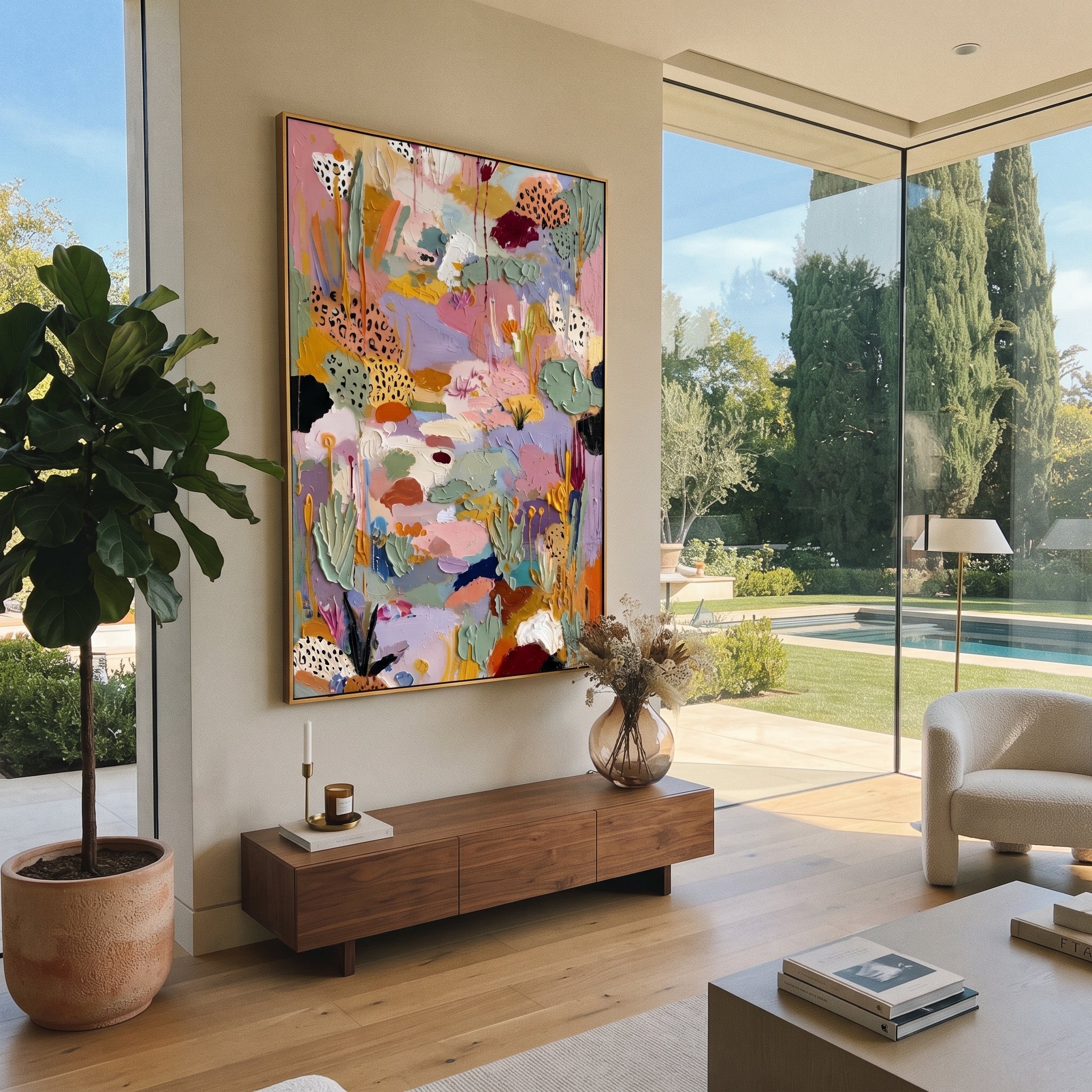 "Lavender Bohemian Garden Painting" focuses on atmosphere, surface movement, and sculptural heavy impasto craftsmanship rather than a fixed literal storyline. The composition uses this hand-painted vertical canvas presents a lavender and pink bohemian garden abstract with sage green leaves, spotted petal forms, ochre stems, cream passages, and thick raised impasto texture as the visual anchor, while layered palette-knife paint, raised plaster-like texture, and softened brush movement create
