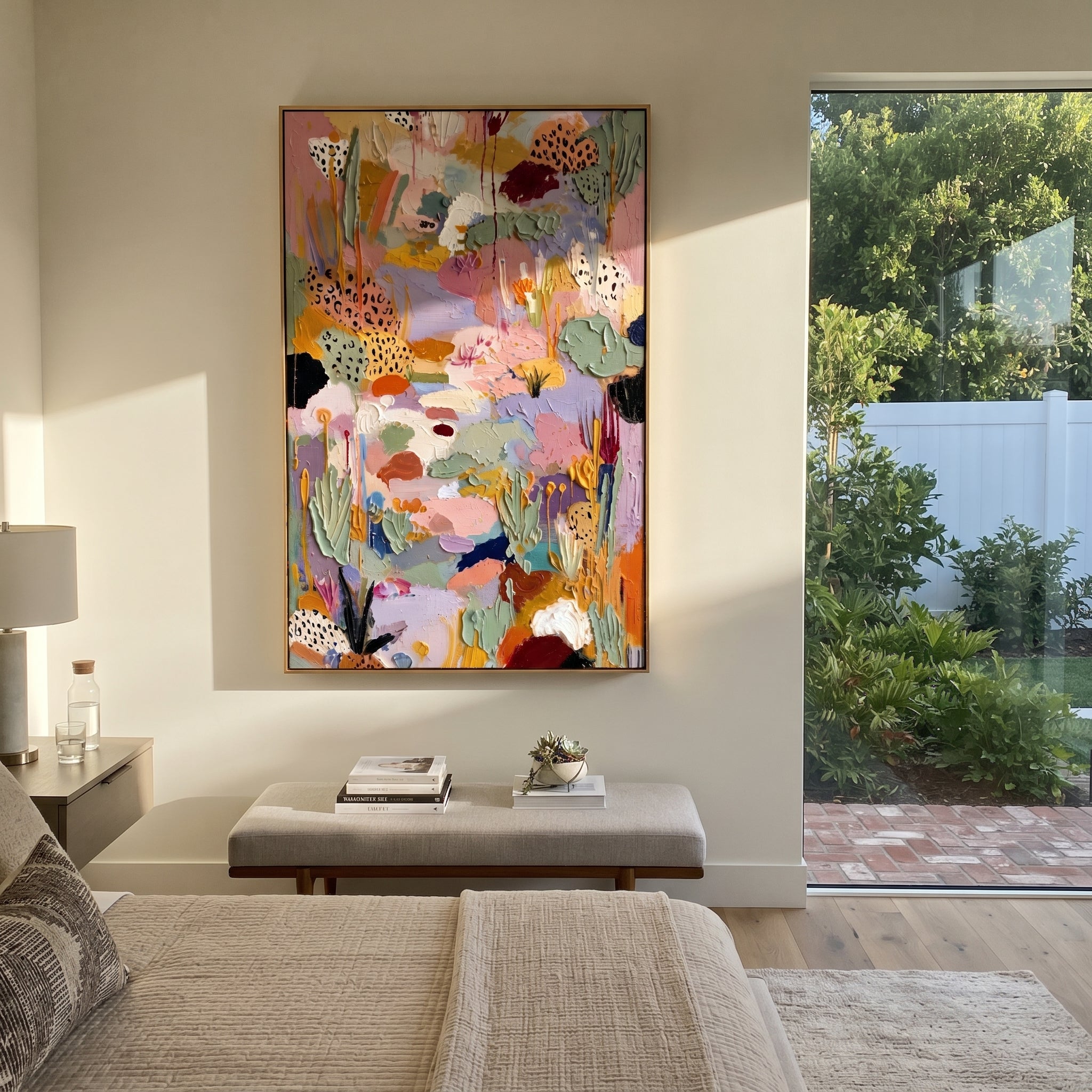 "Lavender Bohemian Garden Painting" focuses on atmosphere, surface movement, and sculptural heavy impasto craftsmanship rather than a fixed literal storyline. The composition uses this hand-painted vertical canvas presents a lavender and pink bohemian garden abstract with sage green leaves, spotted petal forms, ochre stems, cream passages, and thick raised impasto texture as the visual anchor, while layered palette-knife paint, raised plaster-like texture, and softened brush movement create