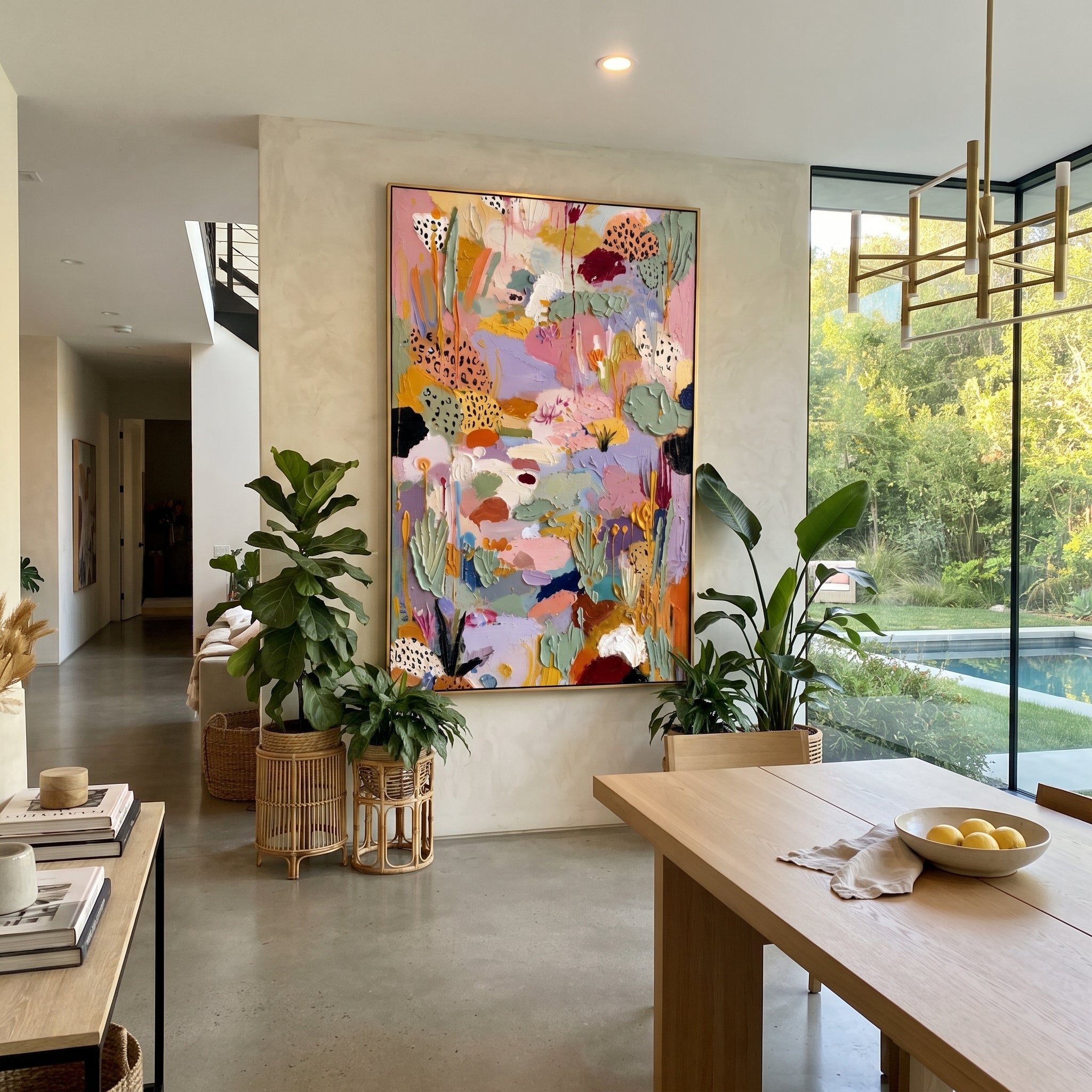 "Lavender Bohemian Garden Painting" focuses on atmosphere, surface movement, and sculptural heavy impasto craftsmanship rather than a fixed literal storyline. The composition uses this hand-painted vertical canvas presents a lavender and pink bohemian garden abstract with sage green leaves, spotted petal forms, ochre stems, cream passages, and thick raised impasto texture as the visual anchor, while layered palette-knife paint, raised plaster-like texture, and softened brush movement create