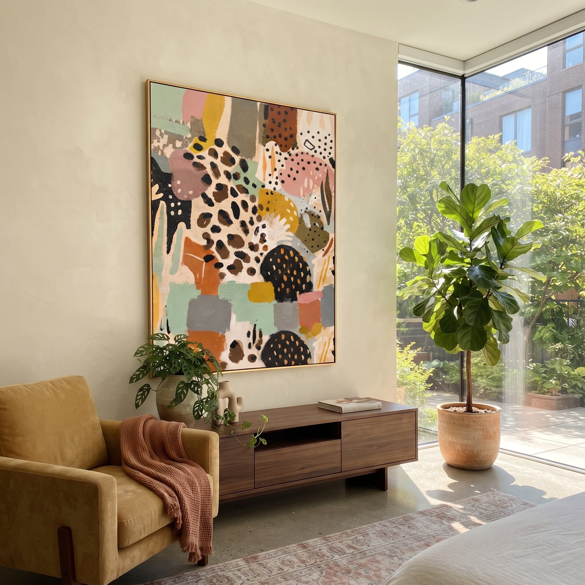 "Bohemian Animal Pattern Painting" focuses on atmosphere, surface movement, and sculptural heavy impasto craftsmanship rather than a fixed literal storyline. The composition uses this hand-painted vertical canvas presents a bohemian animal-pattern abstract with spotted hide-like forms, black dotted motifs, terracotta blocks, mint green fields, grey panels, and graphic decorative rhythm as the visual anchor, while layered palette-knife paint, raised plaster-like texture, and softened brush