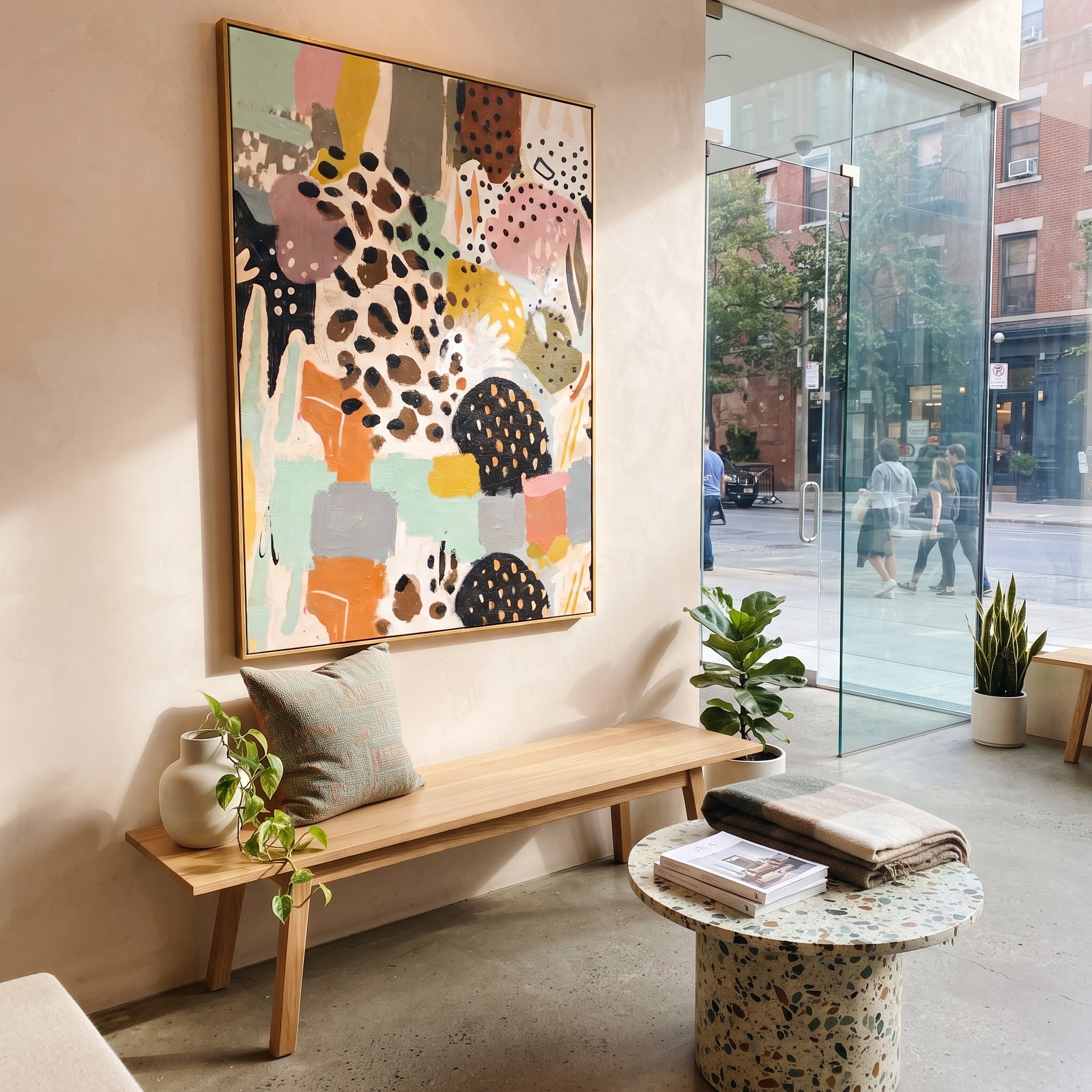 "Bohemian Animal Pattern Painting" focuses on atmosphere, surface movement, and sculptural heavy impasto craftsmanship rather than a fixed literal storyline. The composition uses this hand-painted vertical canvas presents a bohemian animal-pattern abstract with spotted hide-like forms, black dotted motifs, terracotta blocks, mint green fields, grey panels, and graphic decorative rhythm as the visual anchor, while layered palette-knife paint, raised plaster-like texture, and softened brush