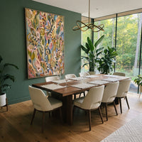 "Bohemian Folk Botanical Painting" focuses on atmosphere, surface movement, and sculptural heavy impasto craftsmanship rather than a fixed literal storyline. The composition uses this hand-painted vertical canvas presents a bohemian folk botanical abstract with tall leafy stems, eye-like floral motifs, dusty pink and ochre tones, soft blue accents, striped marks, and weathered handmade texture as the visual anchor, while layered palette-knife paint, raised plaster-like texture, and softened
