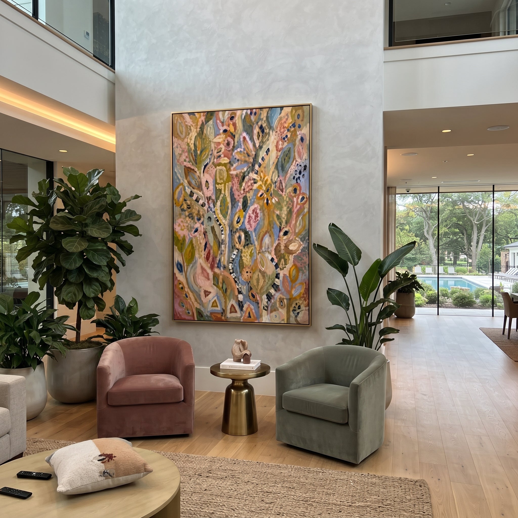"Bohemian Folk Botanical Painting" focuses on atmosphere, surface movement, and sculptural heavy impasto craftsmanship rather than a fixed literal storyline. The composition uses this hand-painted vertical canvas presents a bohemian folk botanical abstract with tall leafy stems, eye-like floral motifs, dusty pink and ochre tones, soft blue accents, striped marks, and weathered handmade texture as the visual anchor, while layered palette-knife paint, raised plaster-like texture, and softened