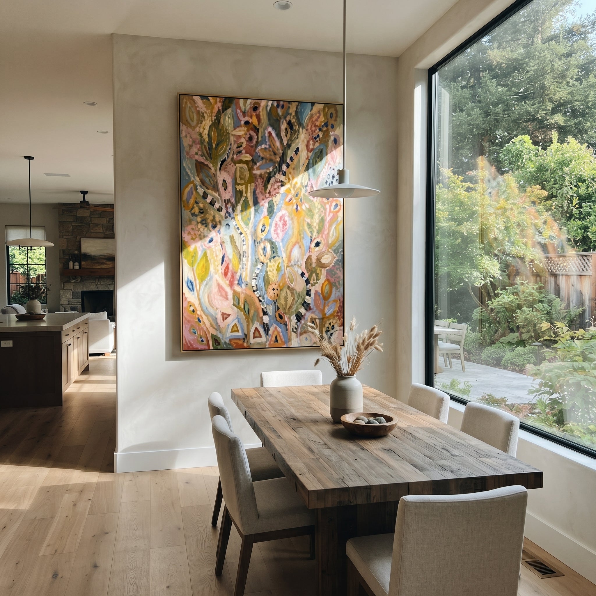 "Bohemian Folk Botanical Painting" focuses on atmosphere, surface movement, and sculptural heavy impasto craftsmanship rather than a fixed literal storyline. The composition uses this hand-painted vertical canvas presents a bohemian folk botanical abstract with tall leafy stems, eye-like floral motifs, dusty pink and ochre tones, soft blue accents, striped marks, and weathered handmade texture as the visual anchor, while layered palette-knife paint, raised plaster-like texture, and softened