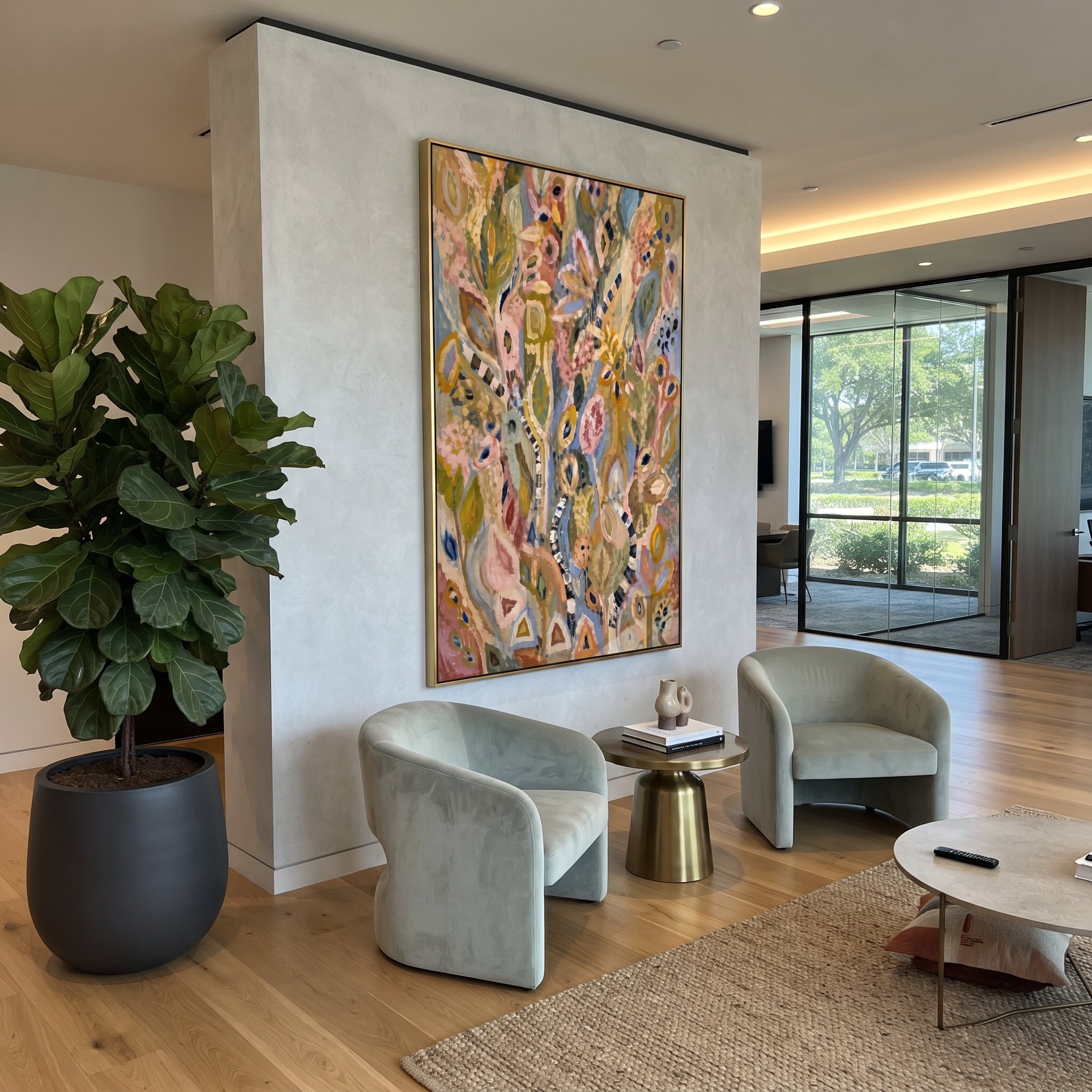 "Bohemian Folk Botanical Painting" focuses on atmosphere, surface movement, and sculptural heavy impasto craftsmanship rather than a fixed literal storyline. The composition uses this hand-painted vertical canvas presents a bohemian folk botanical abstract with tall leafy stems, eye-like floral motifs, dusty pink and ochre tones, soft blue accents, striped marks, and weathered handmade texture as the visual anchor, while layered palette-knife paint, raised plaster-like texture, and softened