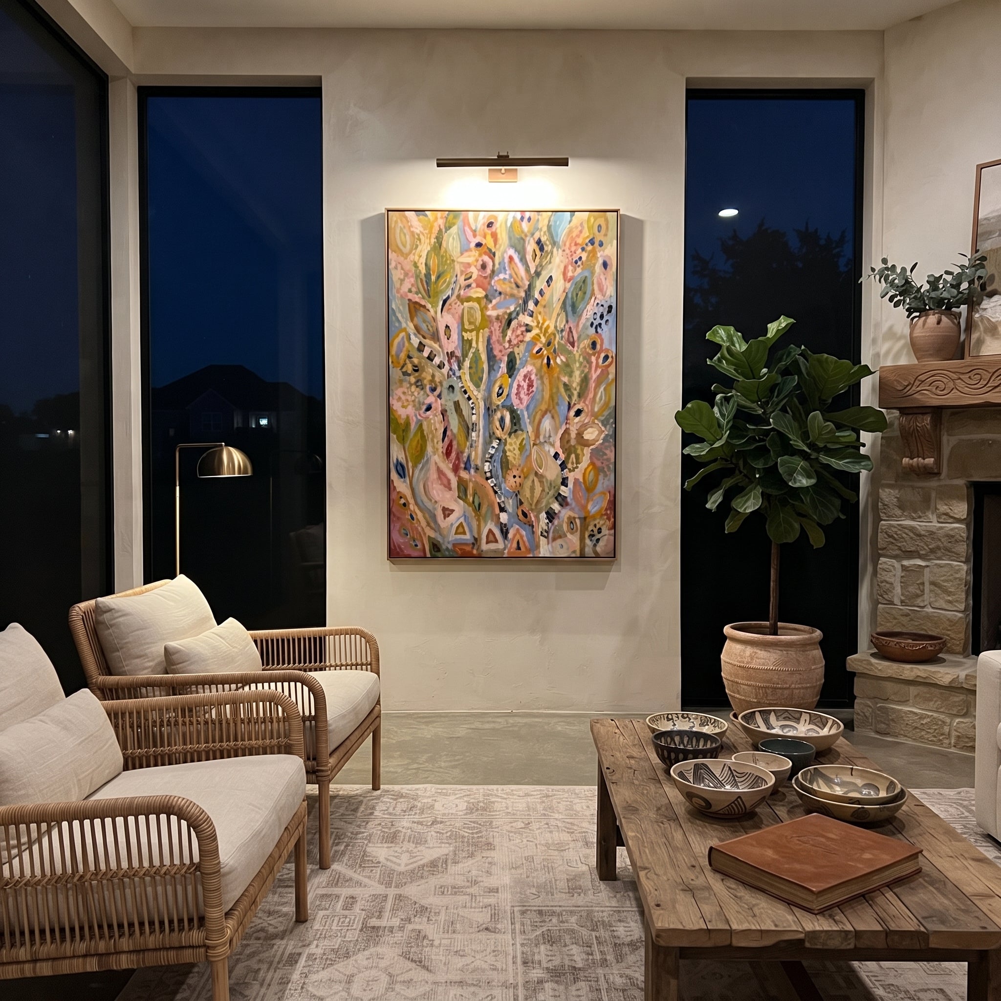 "Bohemian Folk Botanical Painting" focuses on atmosphere, surface movement, and sculptural heavy impasto craftsmanship rather than a fixed literal storyline. The composition uses this hand-painted vertical canvas presents a bohemian folk botanical abstract with tall leafy stems, eye-like floral motifs, dusty pink and ochre tones, soft blue accents, striped marks, and weathered handmade texture as the visual anchor, while layered palette-knife paint, raised plaster-like texture, and softened