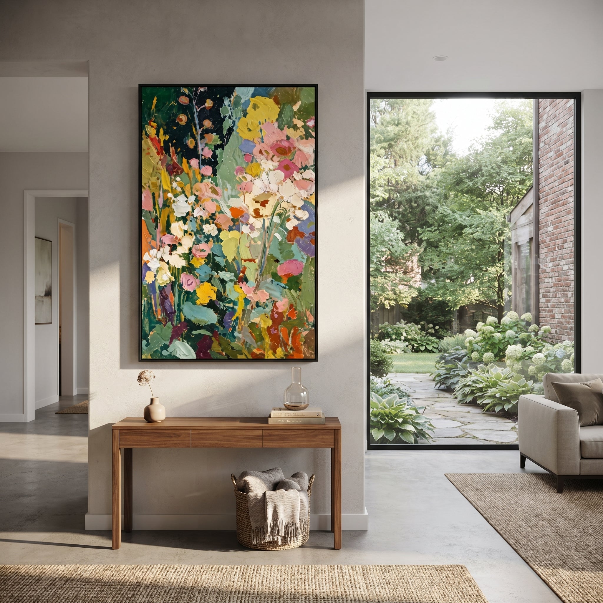 "Dark Green Bohemian Floral Painting" focuses on atmosphere, surface movement, and sculptural heavy impasto craftsmanship rather than a fixed literal storyline. The composition uses this hand-painted vertical canvas presents a lush bohemian floral garden with deep green background, white and cream blossoms, yellow flowers, pink petals, teal leaves, and sculptural palette-knife texture as the visual anchor, while layered palette-knife paint, raised plaster-like texture, and softened brush