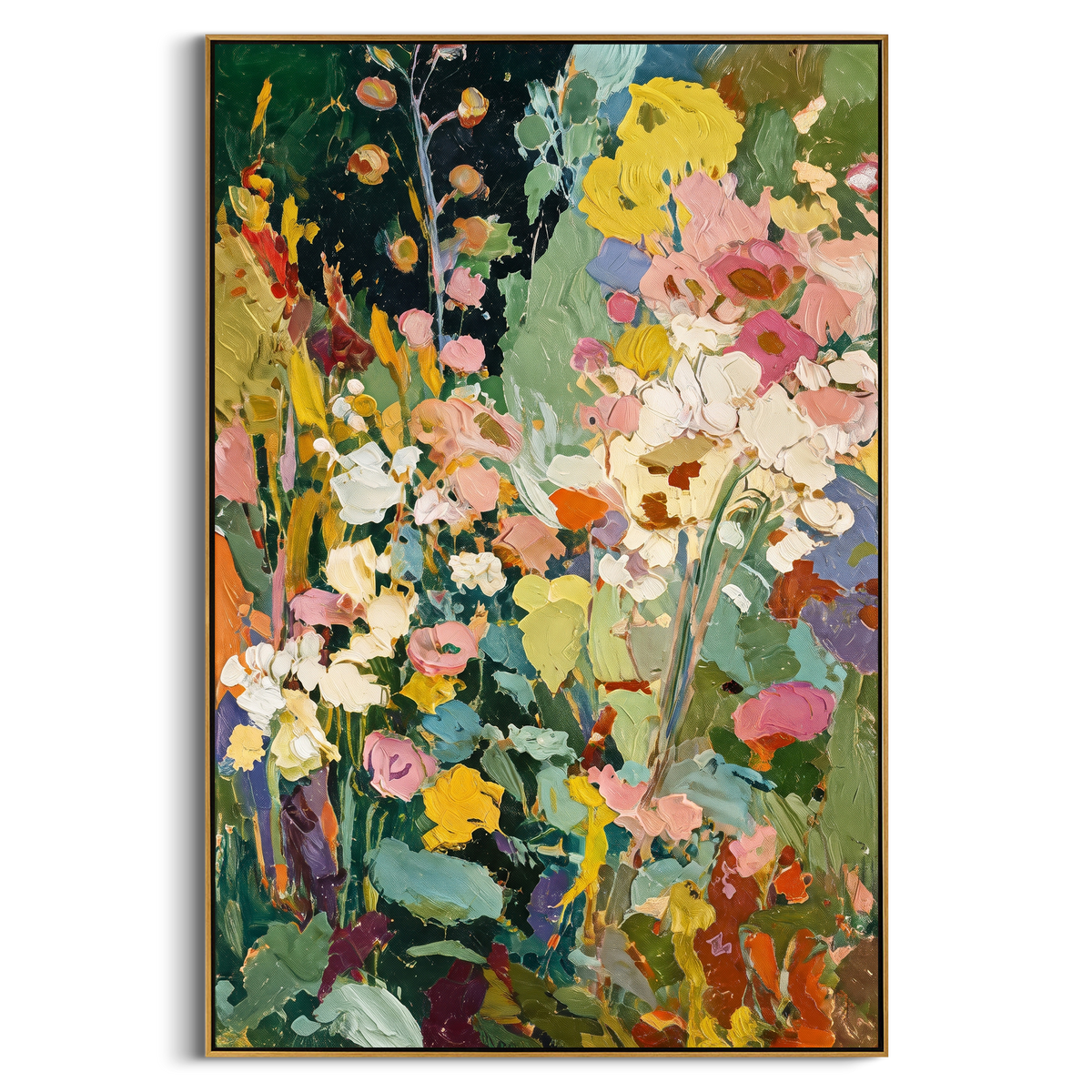 "Dark Green Bohemian Floral Painting" - Modern Heavy Impasto Floral Abstract | Green & Yellow Palette Knife Painting | Luxury Vertical Wall Art #PT 1380