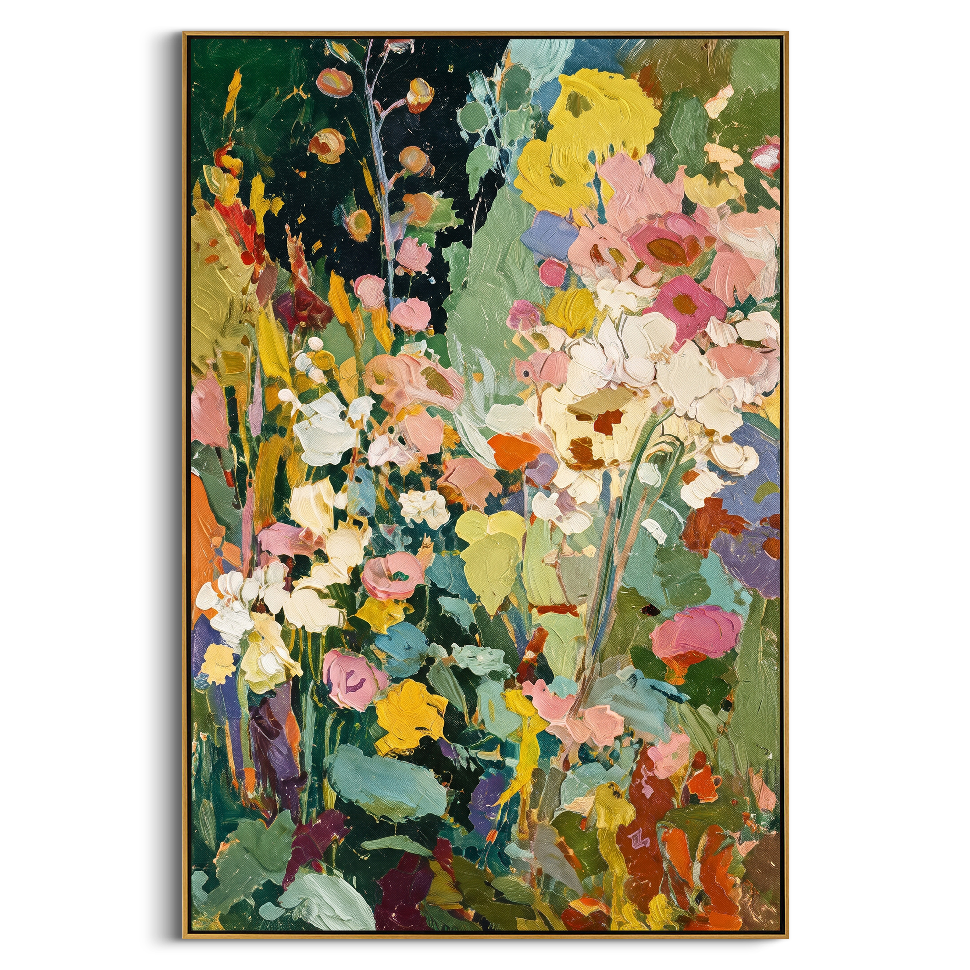 "Dark Green Bohemian Floral Painting" focuses on atmosphere, surface movement, and sculptural heavy impasto craftsmanship rather than a fixed literal storyline. The composition uses this hand-painted vertical canvas presents a lush bohemian floral garden with deep green background, white and cream blossoms, yellow flowers, pink petals, teal leaves, and sculptural palette-knife texture as the visual anchor, while layered palette-knife paint, raised plaster-like texture, and softened brush