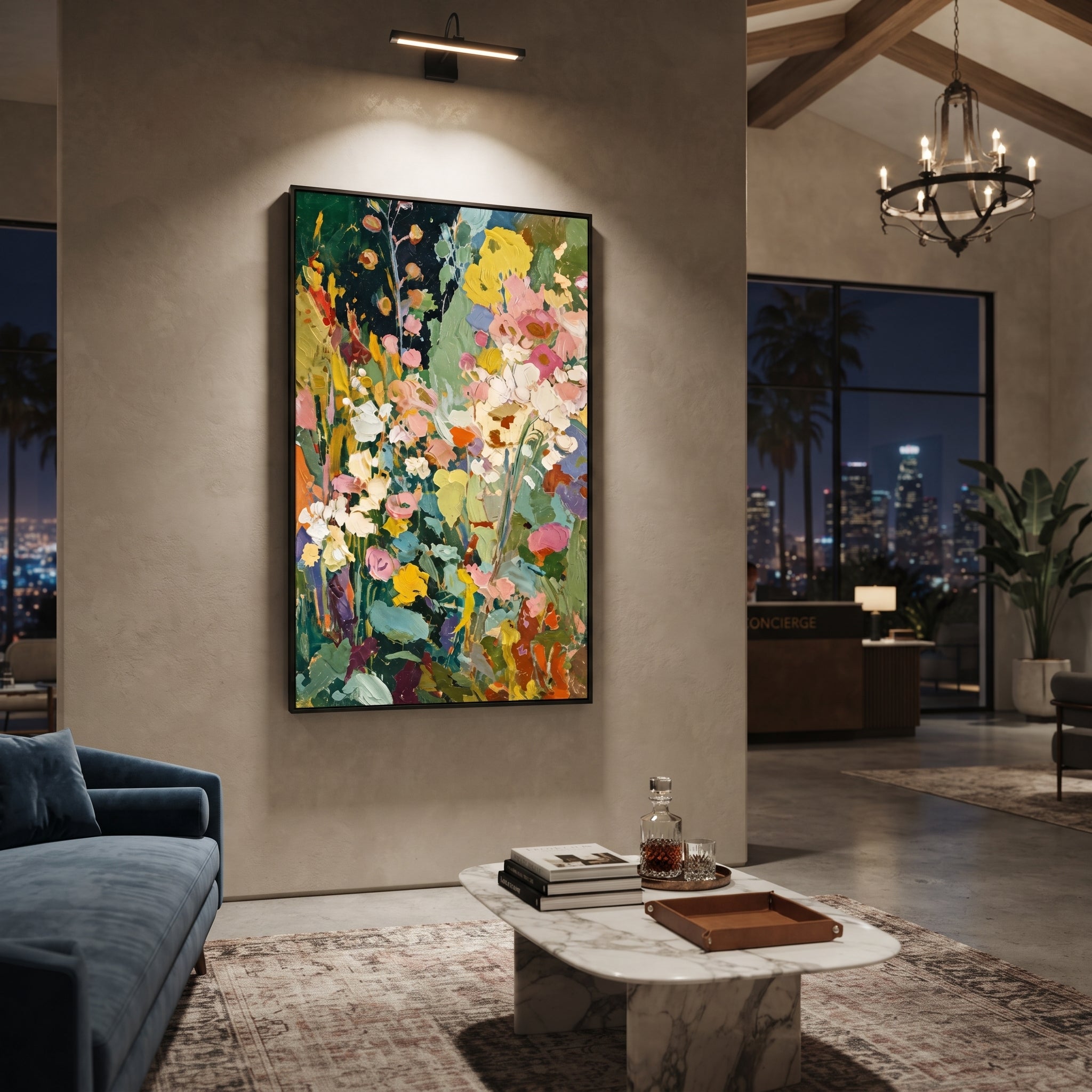"Dark Green Bohemian Floral Painting" focuses on atmosphere, surface movement, and sculptural heavy impasto craftsmanship rather than a fixed literal storyline. The composition uses this hand-painted vertical canvas presents a lush bohemian floral garden with deep green background, white and cream blossoms, yellow flowers, pink petals, teal leaves, and sculptural palette-knife texture as the visual anchor, while layered palette-knife paint, raised plaster-like texture, and softened brush