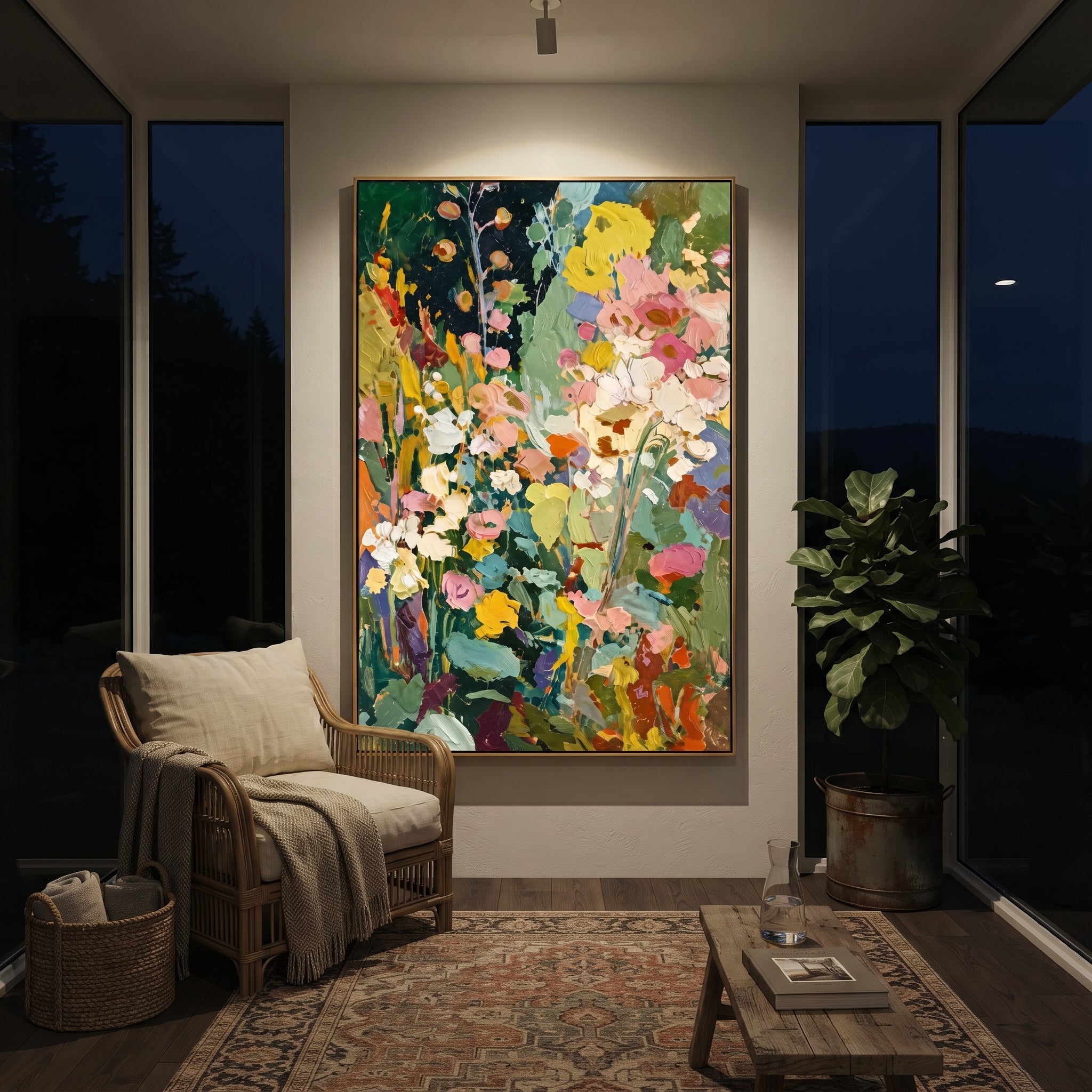 "Dark Green Bohemian Floral Painting" focuses on atmosphere, surface movement, and sculptural heavy impasto craftsmanship rather than a fixed literal storyline. The composition uses this hand-painted vertical canvas presents a lush bohemian floral garden with deep green background, white and cream blossoms, yellow flowers, pink petals, teal leaves, and sculptural palette-knife texture as the visual anchor, while layered palette-knife paint, raised plaster-like texture, and softened brush