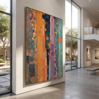 "Bohemian Vertical Stripe Painting" focuses on atmosphere, surface movement, and sculptural heavy impasto craftsmanship rather than a fixed literal storyline. The composition uses this hand-painted vertical canvas presents a bohemian stripe abstract with turquoise panels, orange and purple vertical bands, black accents, metallic golden circles, dotted color clusters, and layered decorative texture as the visual anchor, while layered palette-knife paint, raised plaster-like texture, and softened