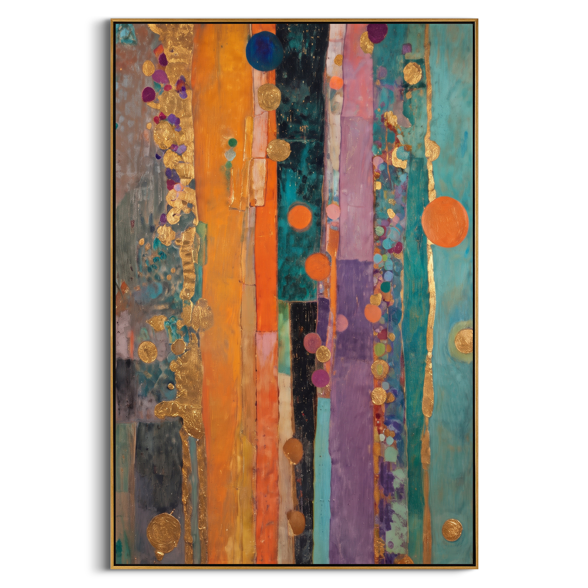 "Bohemian Vertical Stripe Painting" focuses on atmosphere, surface movement, and sculptural heavy impasto craftsmanship rather than a fixed literal storyline. The composition uses this hand-painted vertical canvas presents a bohemian stripe abstract with turquoise panels, orange and purple vertical bands, black accents, metallic golden circles, dotted color clusters, and layered decorative texture as the visual anchor, while layered palette-knife paint, raised plaster-like texture, and softened