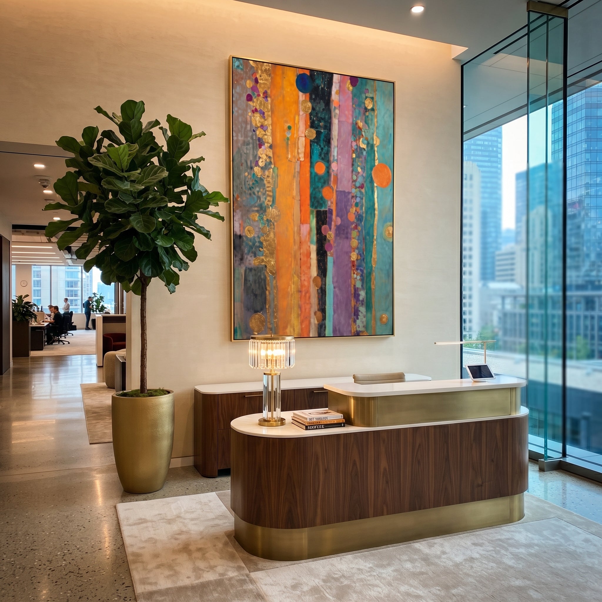 "Bohemian Vertical Stripe Painting" focuses on atmosphere, surface movement, and sculptural heavy impasto craftsmanship rather than a fixed literal storyline. The composition uses this hand-painted vertical canvas presents a bohemian stripe abstract with turquoise panels, orange and purple vertical bands, black accents, metallic golden circles, dotted color clusters, and layered decorative texture as the visual anchor, while layered palette-knife paint, raised plaster-like texture, and softened