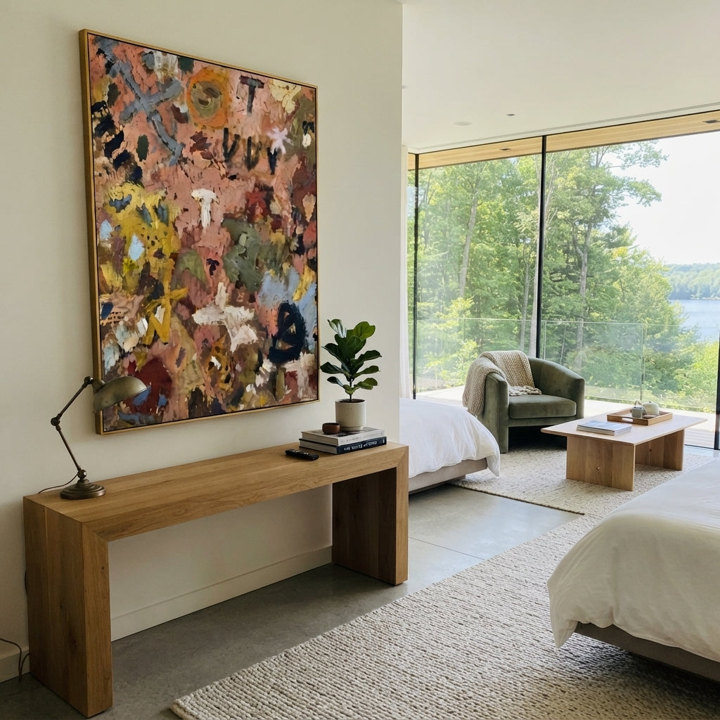 "Warm Bohemian Symbol Painting" focuses on atmosphere, surface movement, and sculptural heavy impasto craftsmanship rather than a fixed literal storyline. The composition uses this hand-painted vertical canvas presents a warm bohemian symbol abstract with dusty pink ground, ochre and blue marks, leafy shapes, black graphic strokes, cream accents, and weathered impasto texture as the visual anchor, while layered palette-knife paint, raised plaster-like texture, and softened brush movement create