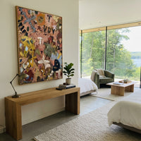 "Warm Bohemian Symbol Painting" focuses on atmosphere, surface movement, and sculptural heavy impasto craftsmanship rather than a fixed literal storyline. The composition uses this hand-painted vertical canvas presents a warm bohemian symbol abstract with dusty pink ground, ochre and blue marks, leafy shapes, black graphic strokes, cream accents, and weathered impasto texture as the visual anchor, while layered palette-knife paint, raised plaster-like texture, and softened brush movement create