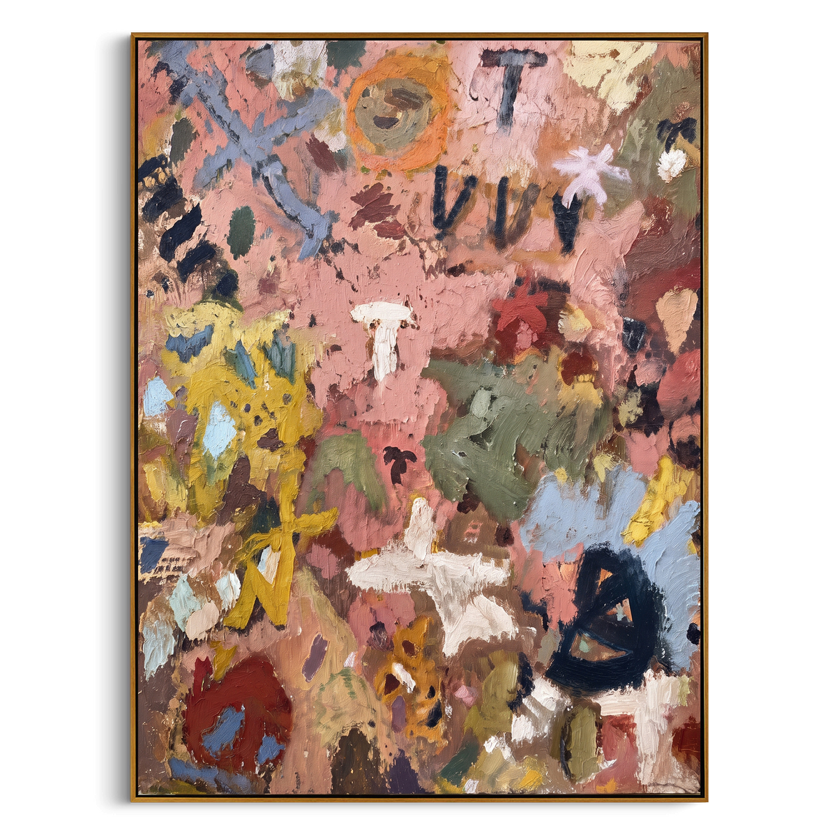 "Warm Bohemian Symbol Painting" - Modern Heavy Impasto Geometric Abstract | Pink & Brown Palette Knife Painting | Luxury Vertical Wall Art #PT 1382