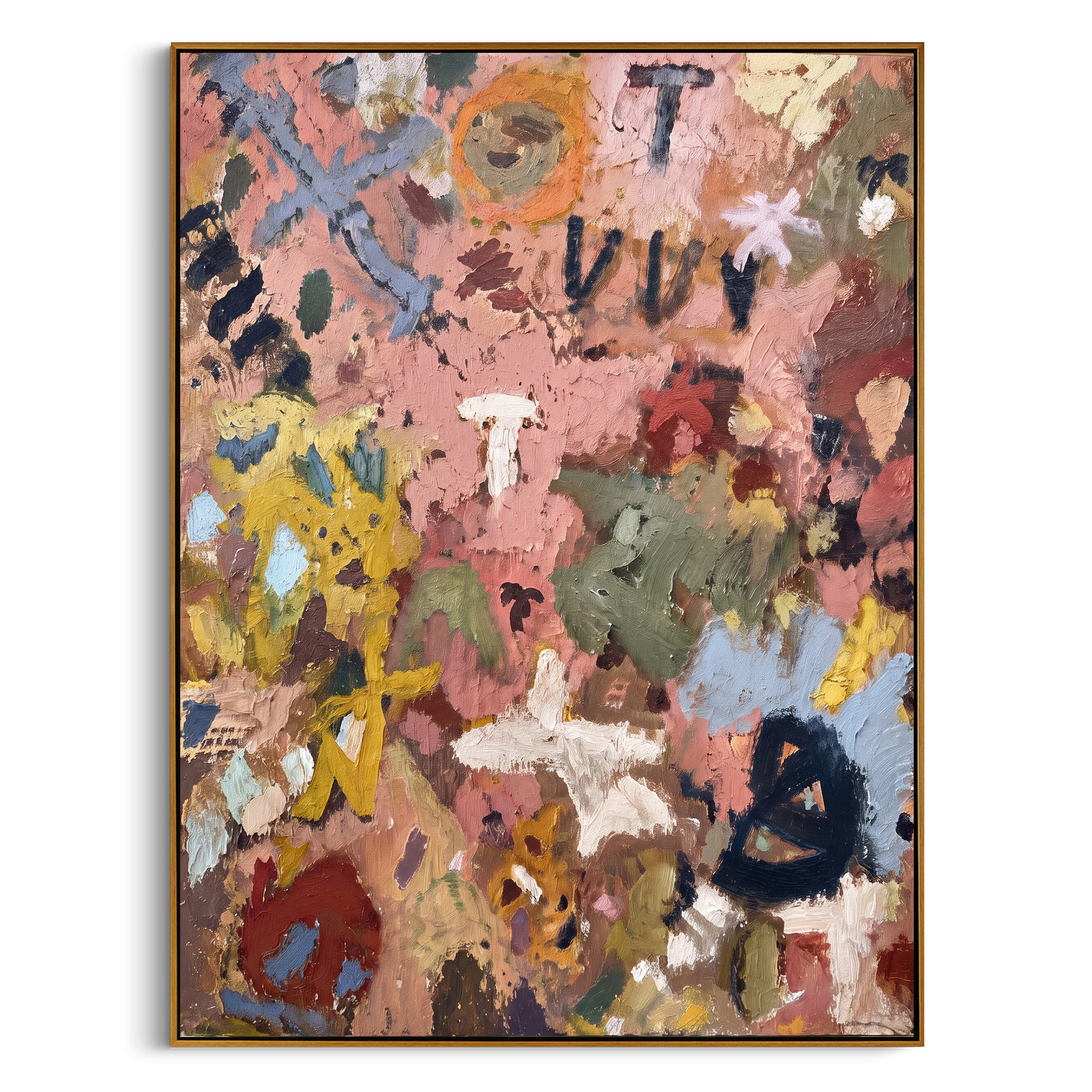 "Warm Bohemian Symbol Painting" focuses on atmosphere, surface movement, and sculptural heavy impasto craftsmanship rather than a fixed literal storyline. The composition uses this hand-painted vertical canvas presents a warm bohemian symbol abstract with dusty pink ground, ochre and blue marks, leafy shapes, black graphic strokes, cream accents, and weathered impasto texture as the visual anchor, while layered palette-knife paint, raised plaster-like texture, and softened brush movement create