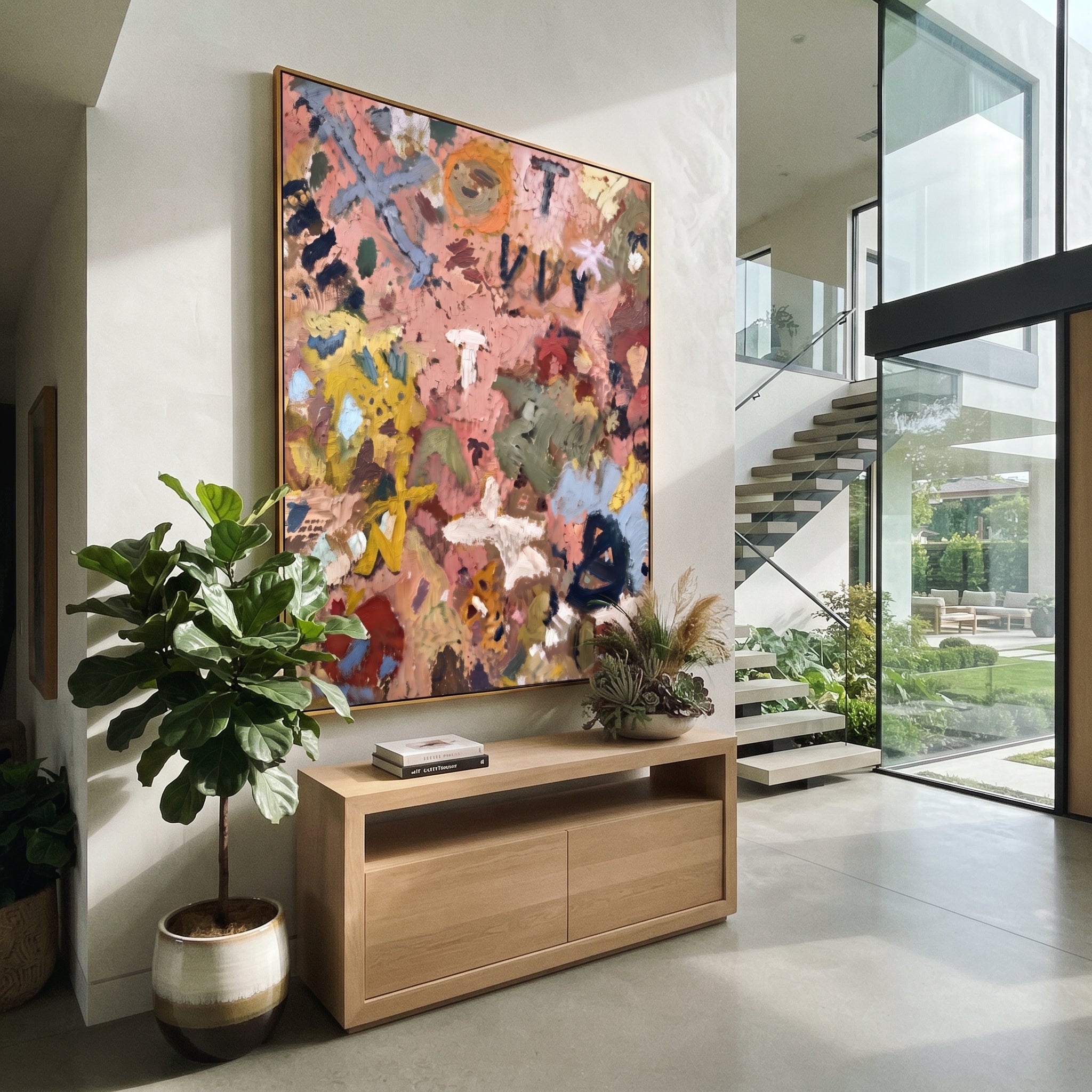"Warm Bohemian Symbol Painting" focuses on atmosphere, surface movement, and sculptural heavy impasto craftsmanship rather than a fixed literal storyline. The composition uses this hand-painted vertical canvas presents a warm bohemian symbol abstract with dusty pink ground, ochre and blue marks, leafy shapes, black graphic strokes, cream accents, and weathered impasto texture as the visual anchor, while layered palette-knife paint, raised plaster-like texture, and softened brush movement create