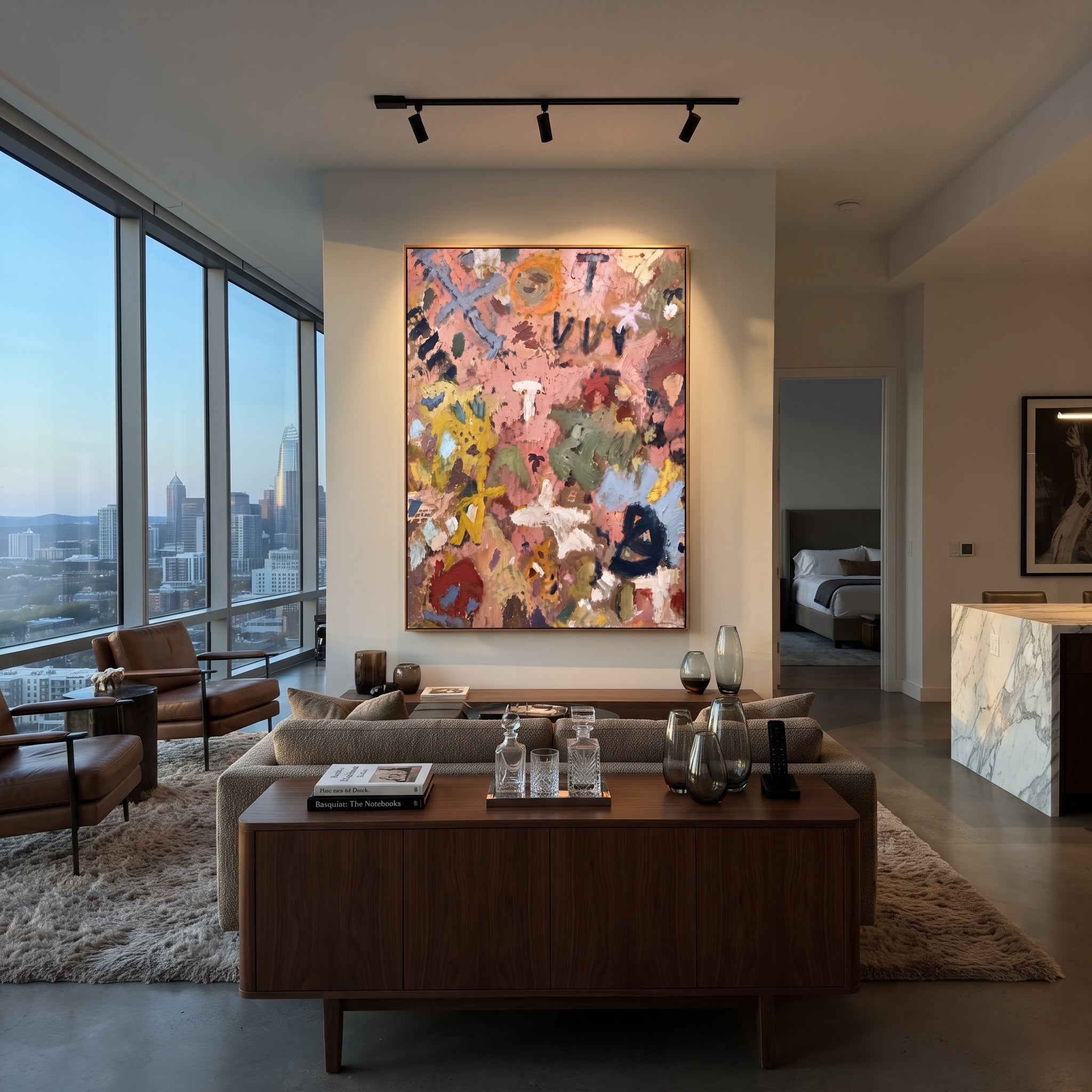 "Warm Bohemian Symbol Painting" focuses on atmosphere, surface movement, and sculptural heavy impasto craftsmanship rather than a fixed literal storyline. The composition uses this hand-painted vertical canvas presents a warm bohemian symbol abstract with dusty pink ground, ochre and blue marks, leafy shapes, black graphic strokes, cream accents, and weathered impasto texture as the visual anchor, while layered palette-knife paint, raised plaster-like texture, and softened brush movement create