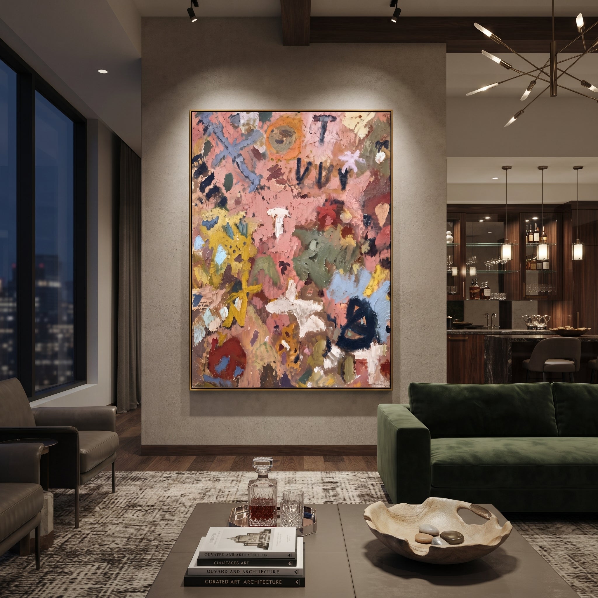 "Warm Bohemian Symbol Painting" focuses on atmosphere, surface movement, and sculptural heavy impasto craftsmanship rather than a fixed literal storyline. The composition uses this hand-painted vertical canvas presents a warm bohemian symbol abstract with dusty pink ground, ochre and blue marks, leafy shapes, black graphic strokes, cream accents, and weathered impasto texture as the visual anchor, while layered palette-knife paint, raised plaster-like texture, and softened brush movement create