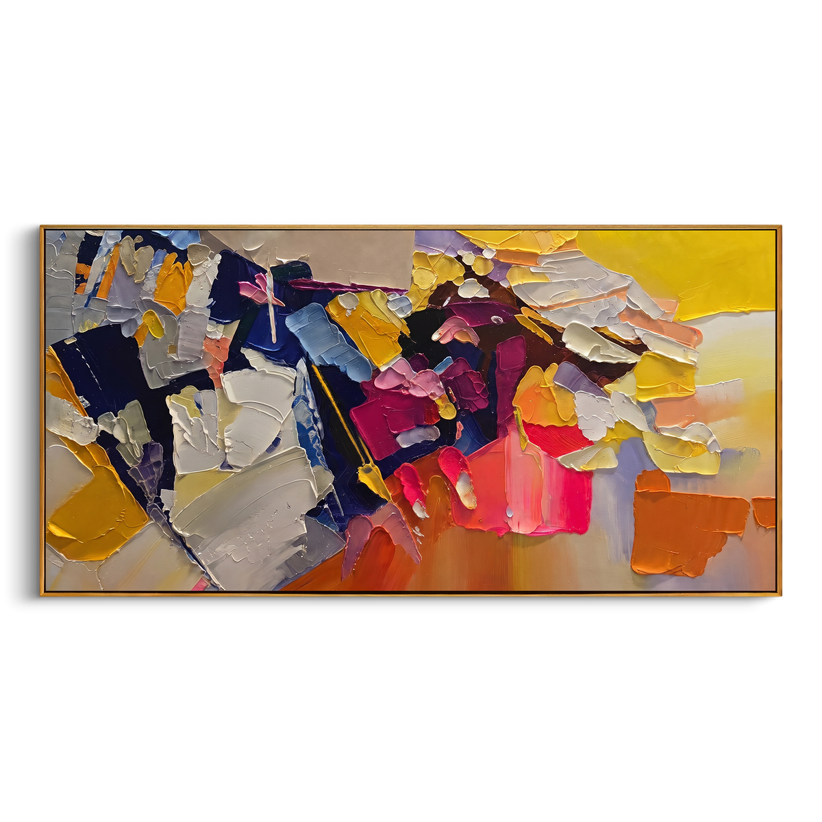 "Panoramic Bohemian Impasto Blocks Painting" - Modern Heavy Impasto Geometric Abstract | Yellow & Blue Palette Knife Painting | Luxury Horizontal Wall Art #PT 1383
