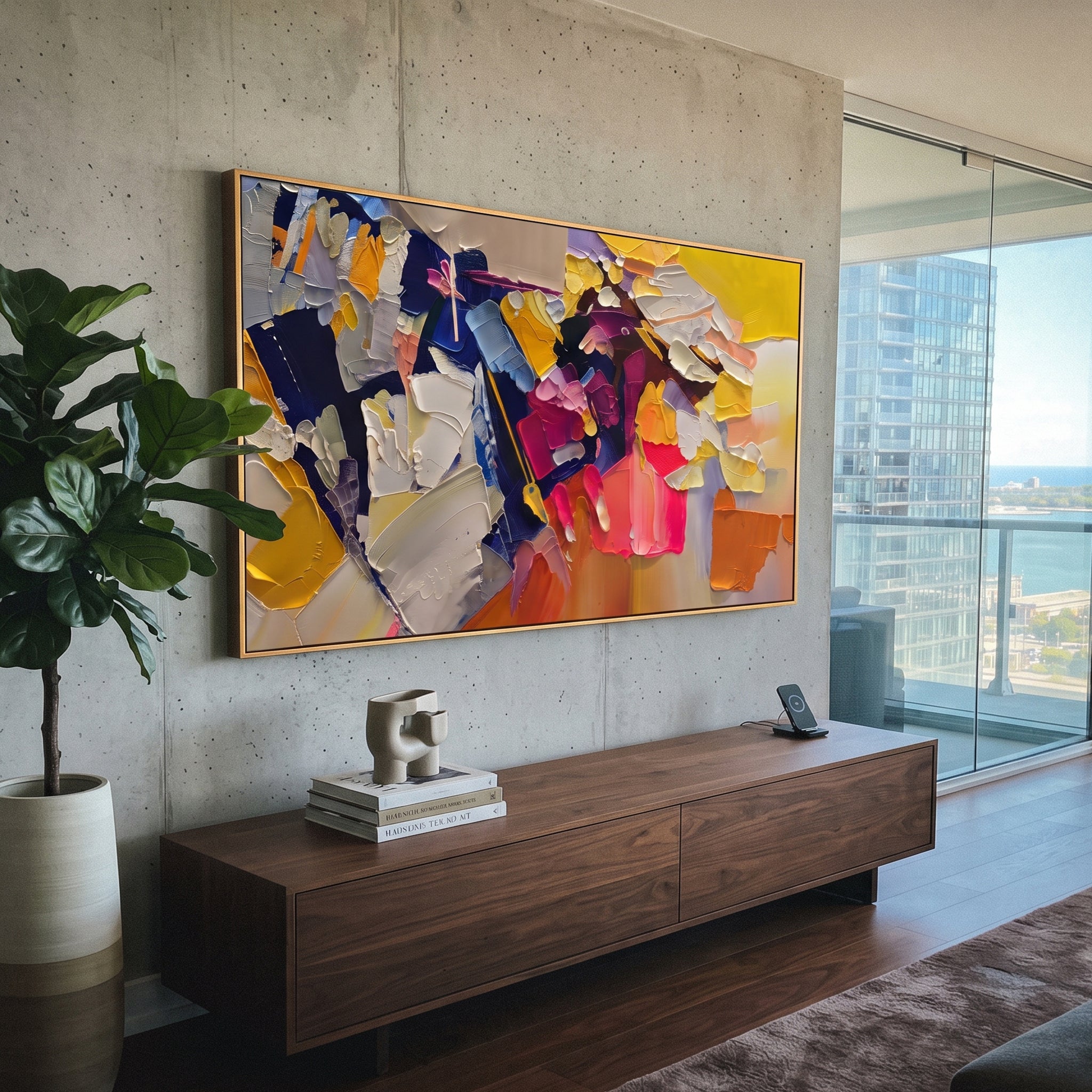 "Panoramic Bohemian Impasto Blocks Painting" focuses on atmosphere, surface movement, and sculptural heavy impasto craftsmanship rather than a fixed literal storyline. The composition uses this hand-painted panoramic canvas presents a wide bohemian impasto abstraction with yellow and cream blocks, deep navy contrasts, magenta and coral accents, grey passages, and sculptural palette-knife layers as the visual anchor, while layered palette-knife paint, raised plaster-like texture, and softened