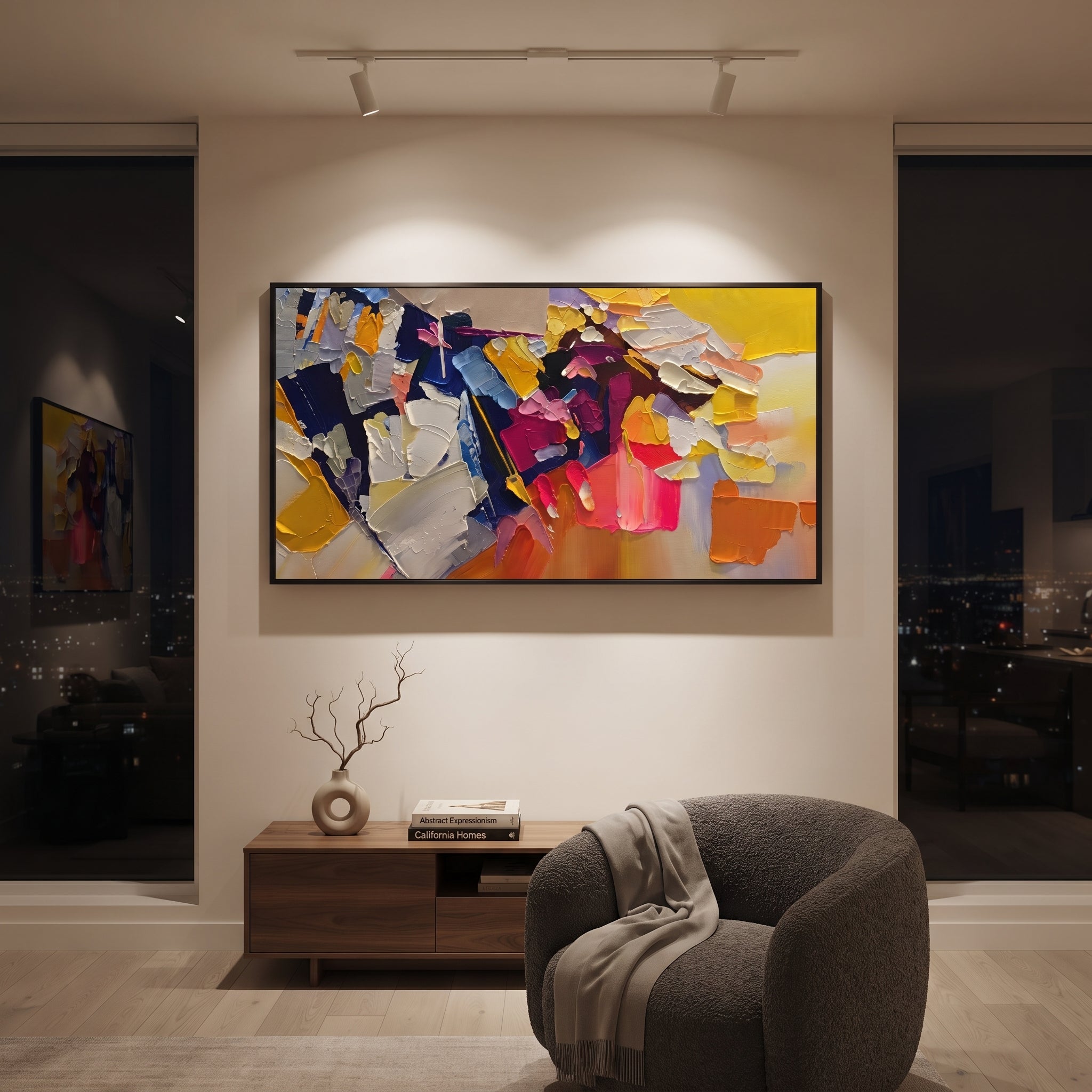 "Panoramic Bohemian Impasto Blocks Painting" focuses on atmosphere, surface movement, and sculptural heavy impasto craftsmanship rather than a fixed literal storyline. The composition uses this hand-painted panoramic canvas presents a wide bohemian impasto abstraction with yellow and cream blocks, deep navy contrasts, magenta and coral accents, grey passages, and sculptural palette-knife layers as the visual anchor, while layered palette-knife paint, raised plaster-like texture, and softened