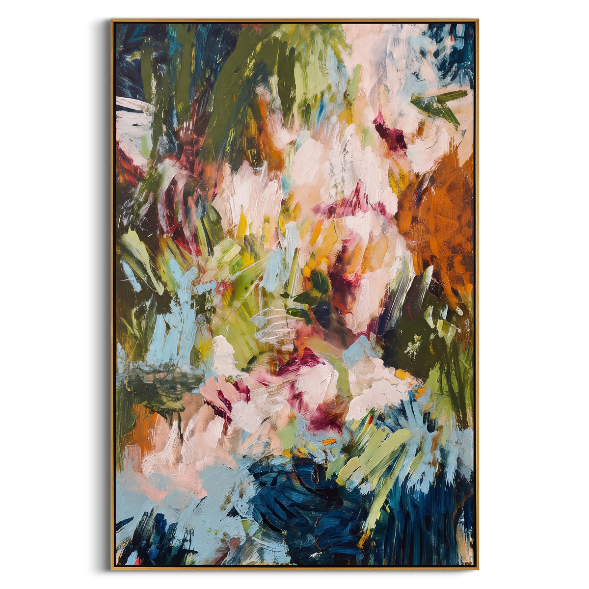 "Deep Garden Bohemian Floral Painting" - Modern Heavy Impasto Floral Abstract | Green & Pink Palette Knife Painting | Luxury Vertical Wall Art #PT 1384