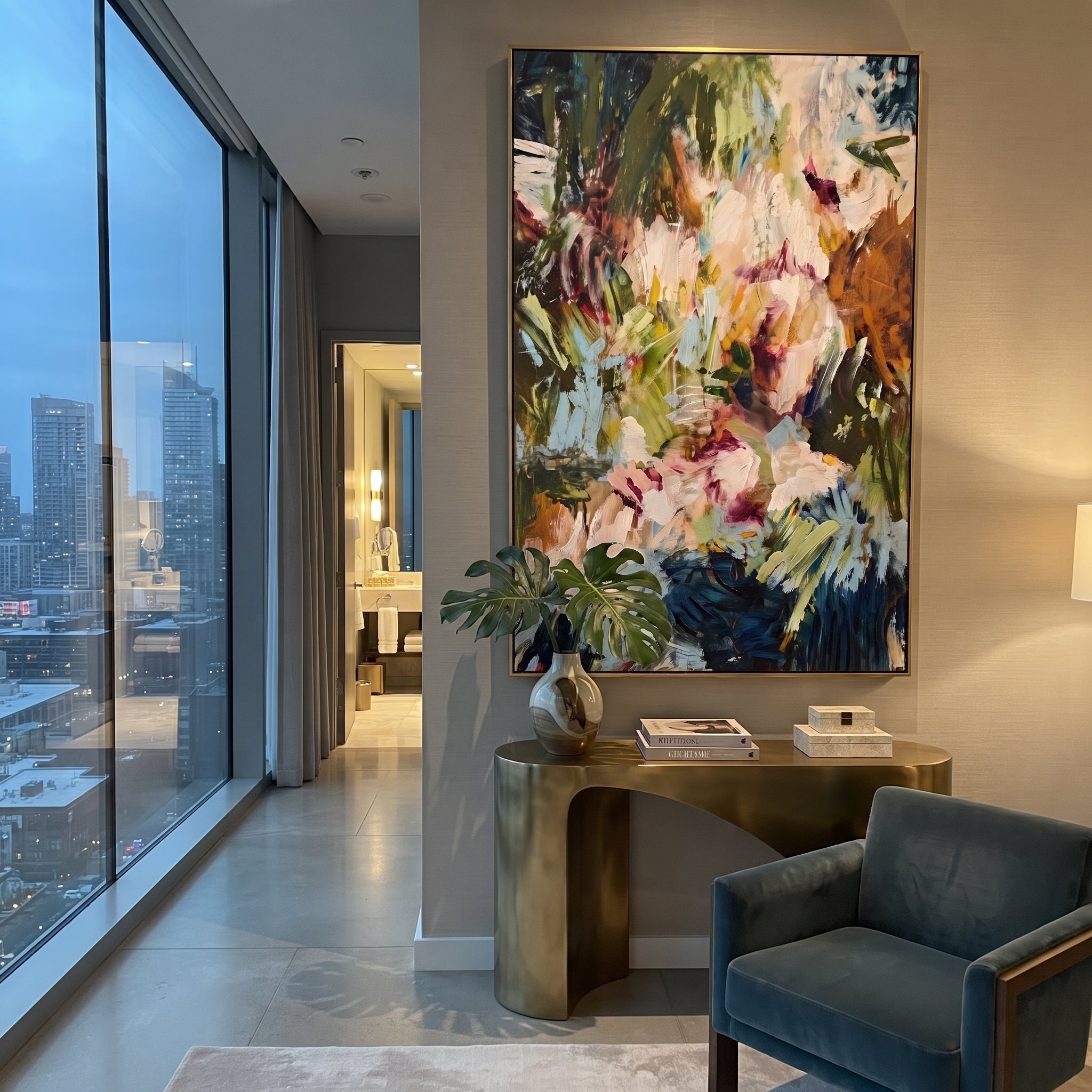 "Deep Garden Bohemian Floral Painting" focuses on atmosphere, surface movement, and sculptural heavy impasto craftsmanship rather than a fixed literal storyline. The composition uses this hand-painted vertical canvas presents a deep green bohemian floral abstract with pale blush blossoms, blue botanical strokes, orange-brown side accents, dark layered foliage, and expressive handmade texture as the visual anchor, while layered palette-knife paint, raised plaster-like texture, and softened brush