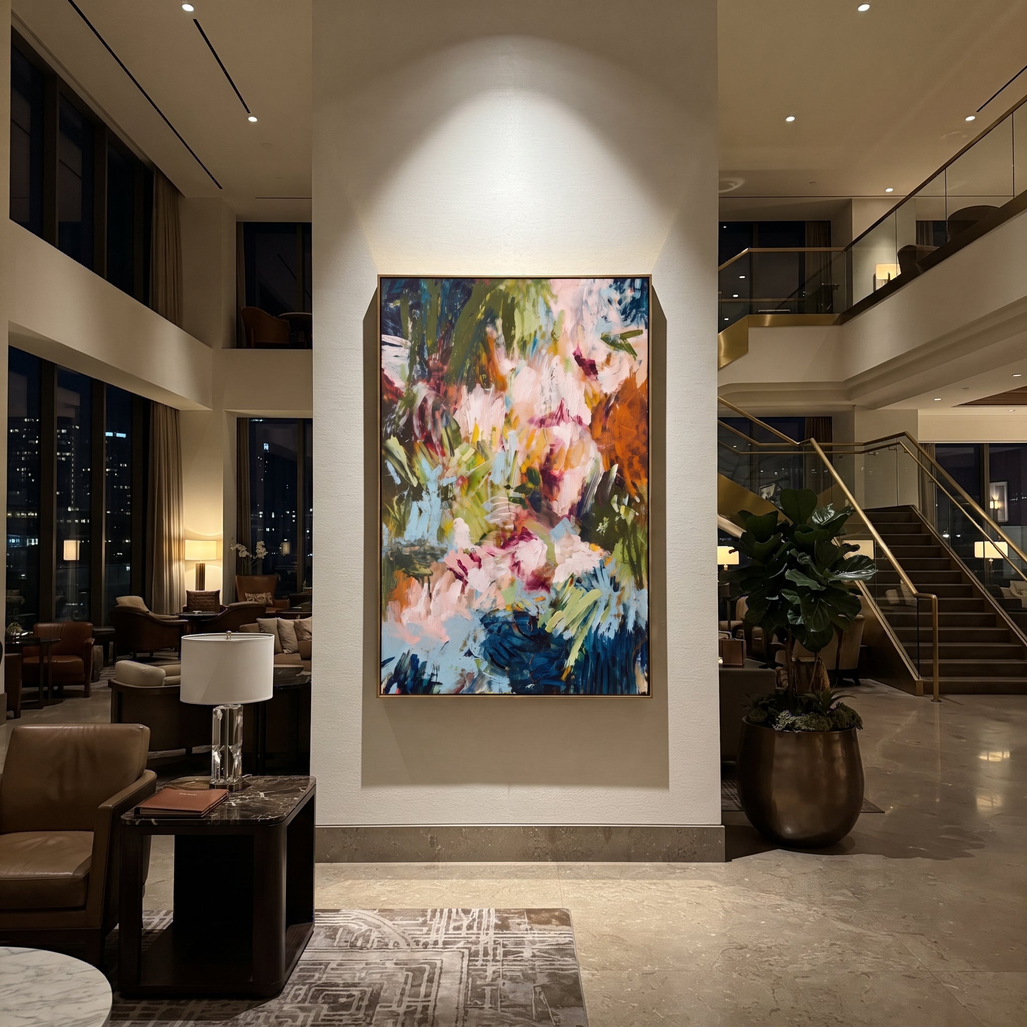 "Deep Garden Bohemian Floral Painting" focuses on atmosphere, surface movement, and sculptural heavy impasto craftsmanship rather than a fixed literal storyline. The composition uses this hand-painted vertical canvas presents a deep green bohemian floral abstract with pale blush blossoms, blue botanical strokes, orange-brown side accents, dark layered foliage, and expressive handmade texture as the visual anchor, while layered palette-knife paint, raised plaster-like texture, and softened brush