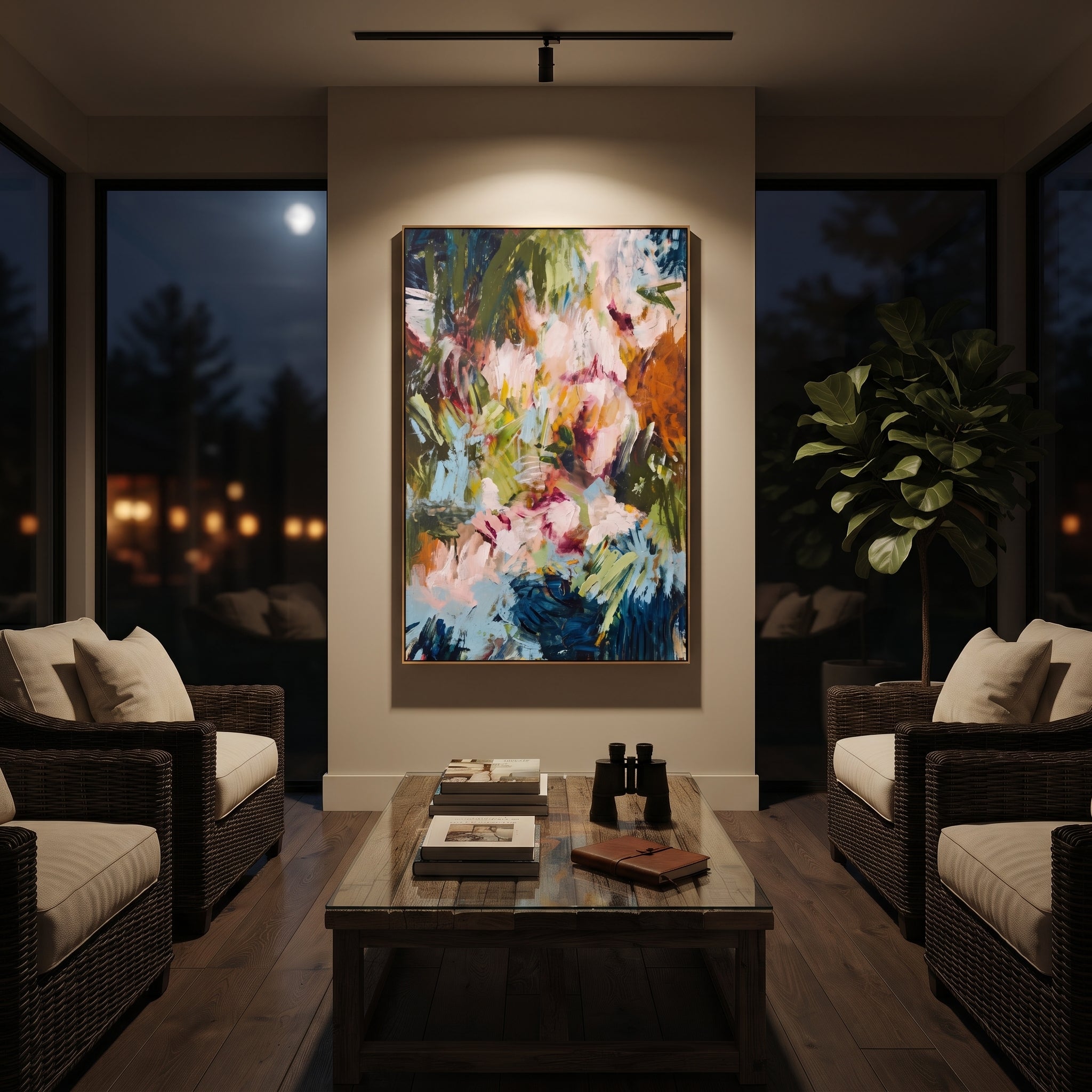 "Deep Garden Bohemian Floral Painting" focuses on atmosphere, surface movement, and sculptural heavy impasto craftsmanship rather than a fixed literal storyline. The composition uses this hand-painted vertical canvas presents a deep green bohemian floral abstract with pale blush blossoms, blue botanical strokes, orange-brown side accents, dark layered foliage, and expressive handmade texture as the visual anchor, while layered palette-knife paint, raised plaster-like texture, and softened brush