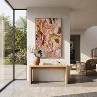 "Dusty Rose Bohemian Pattern Painting" focuses on atmosphere, surface movement, and sculptural heavy impasto craftsmanship rather than a fixed literal storyline. The composition uses this hand-painted vertical canvas presents a dusty rose bohemian pattern abstract with warm beige fields, brown and olive forms, black dotted marks, red line accents, and softly weathered plaster-like texture as the visual anchor, while layered palette-knife paint, raised plaster-like texture, and softened brush